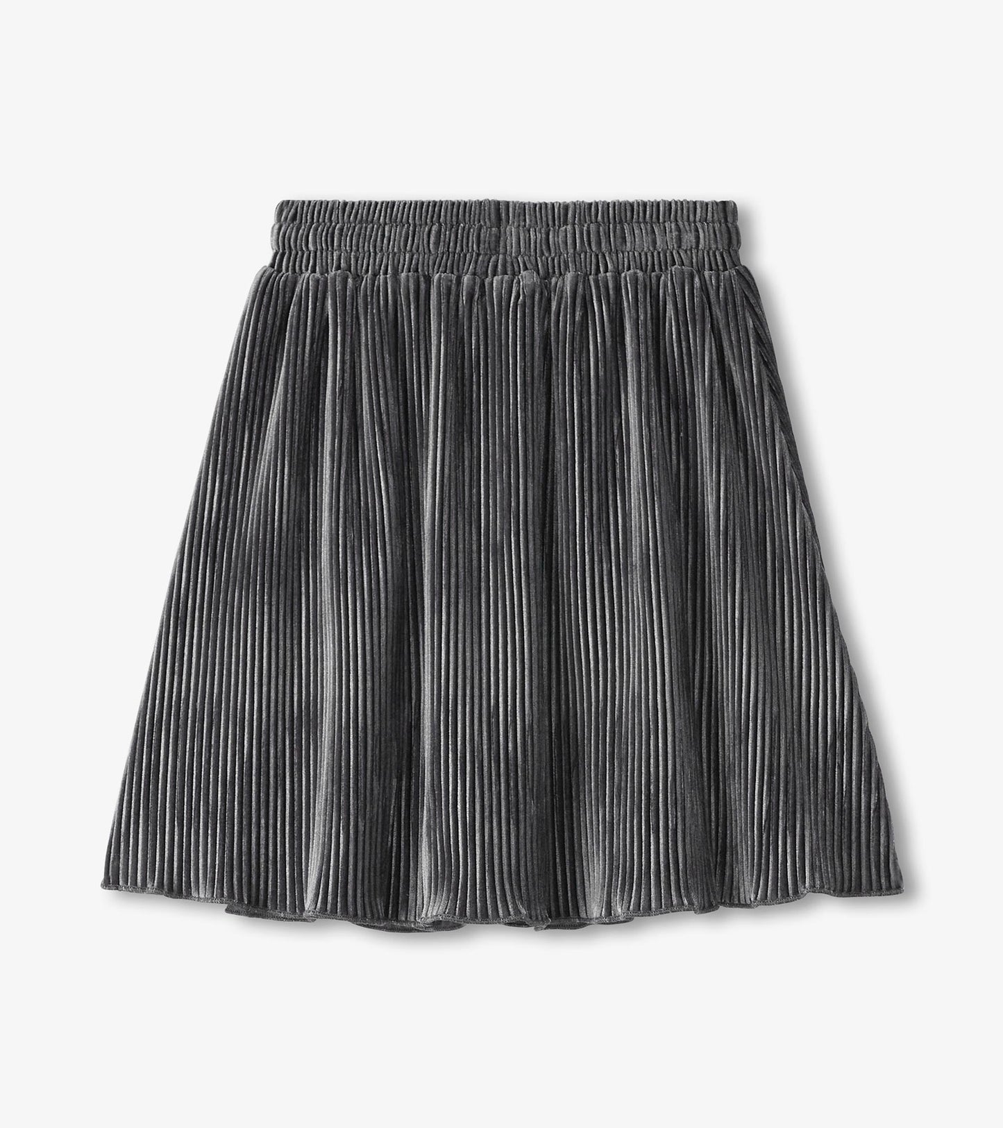 Silver pleated velour skirt with an elastic waistband, designed for girls, featuring a flared silhouette.