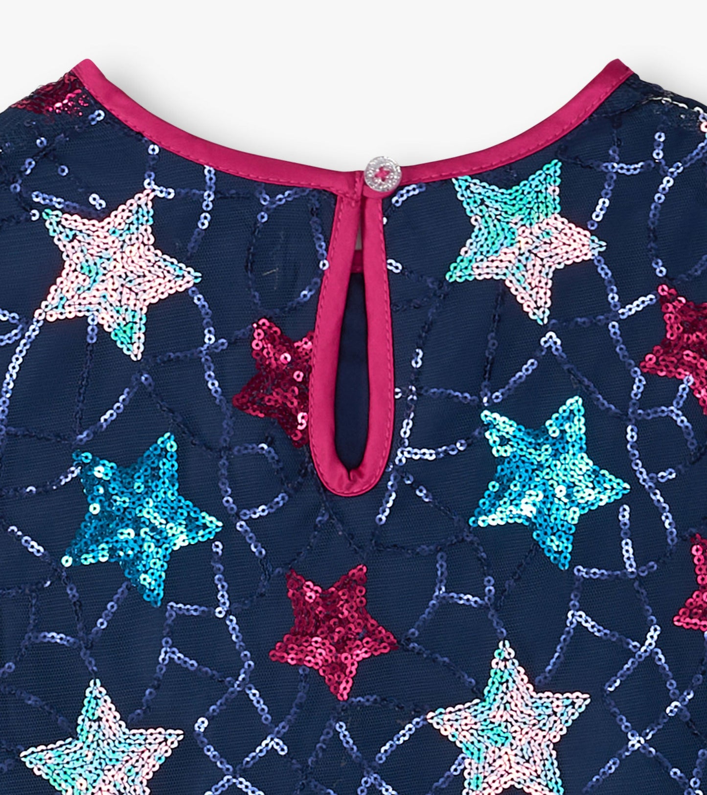 Navy dress with colorful sequin stars and a pink neckline, featuring a keyhole back closure.