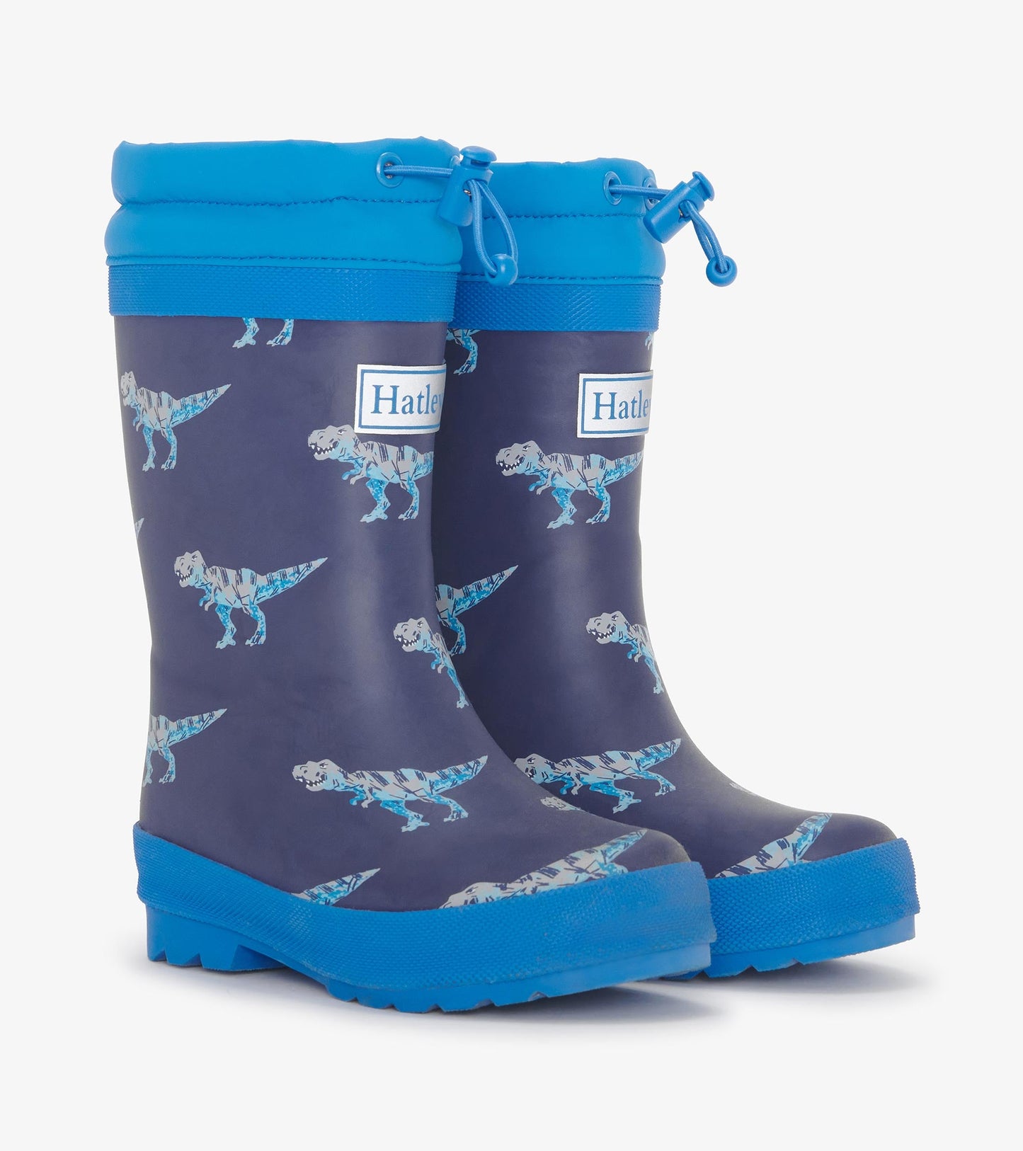 Blue and navy rain boots featuring a T-Rex pattern, with a sherpa lining and adjustable top for a snug fit.