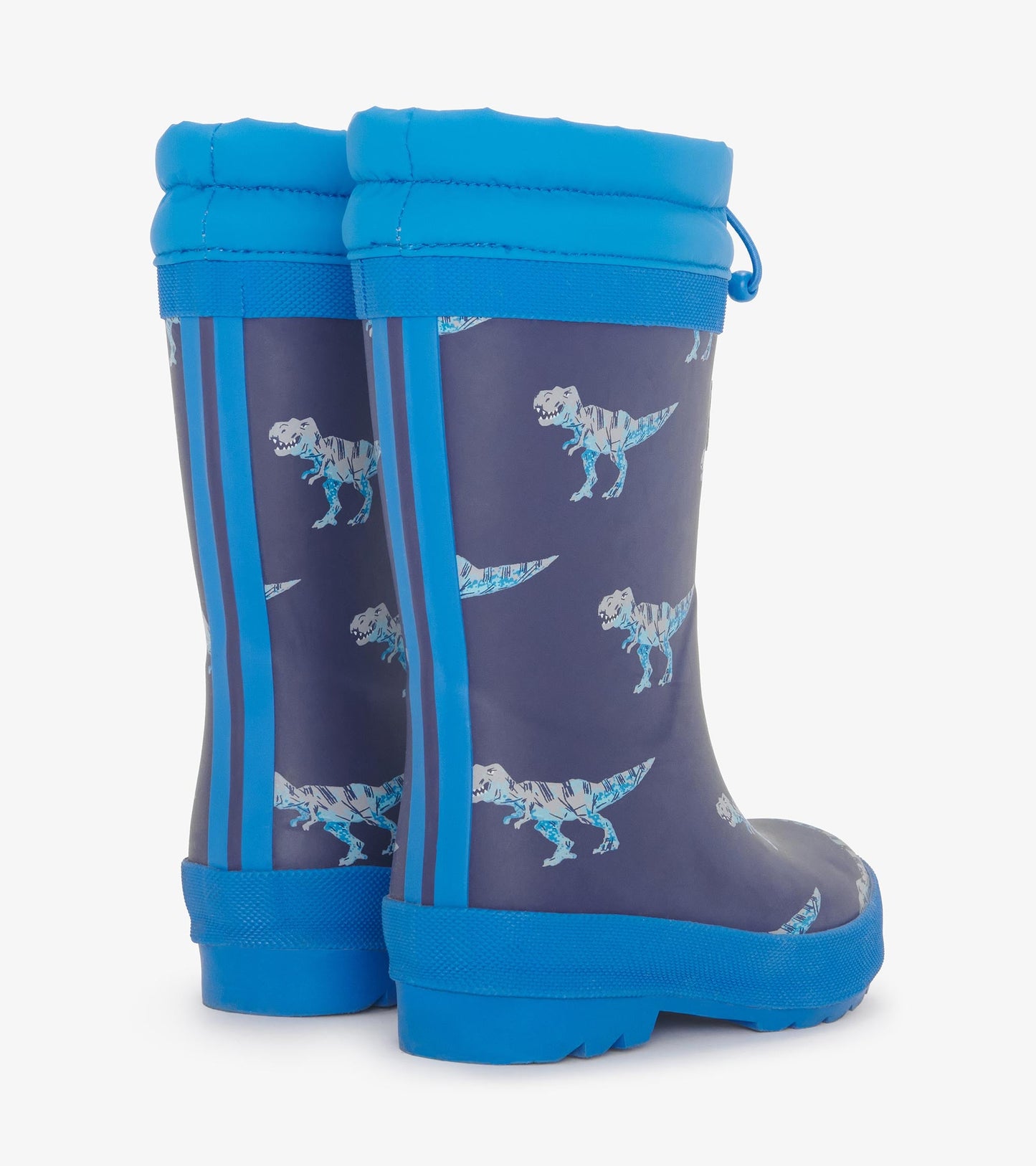 Blue rain boots featuring a T-Rex pattern, with a sherpa lining and a textured sole for grip.