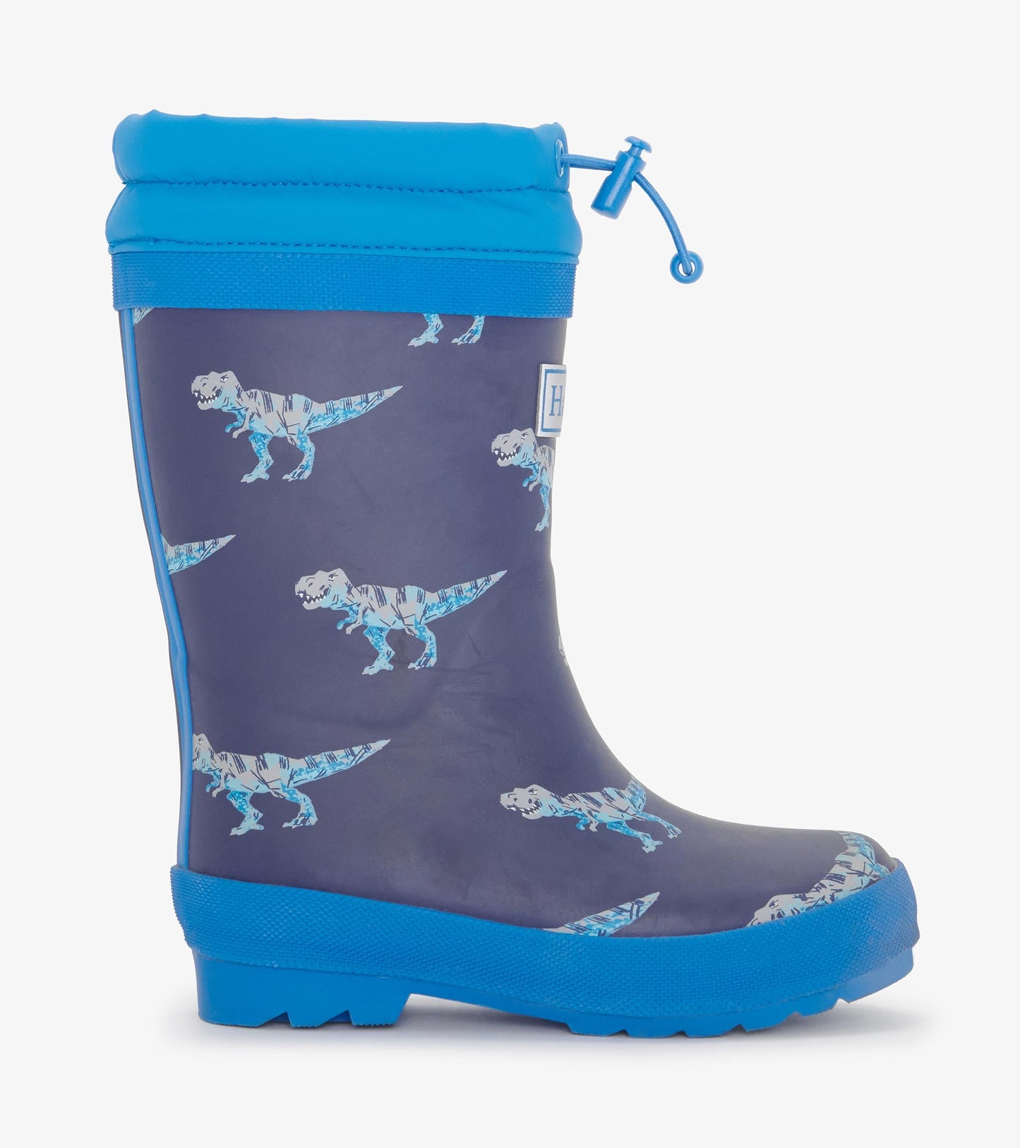 Blue and gray rain boot featuring a T-Rex pattern, with a sherpa lining and a pull-cord top for a secure fit.