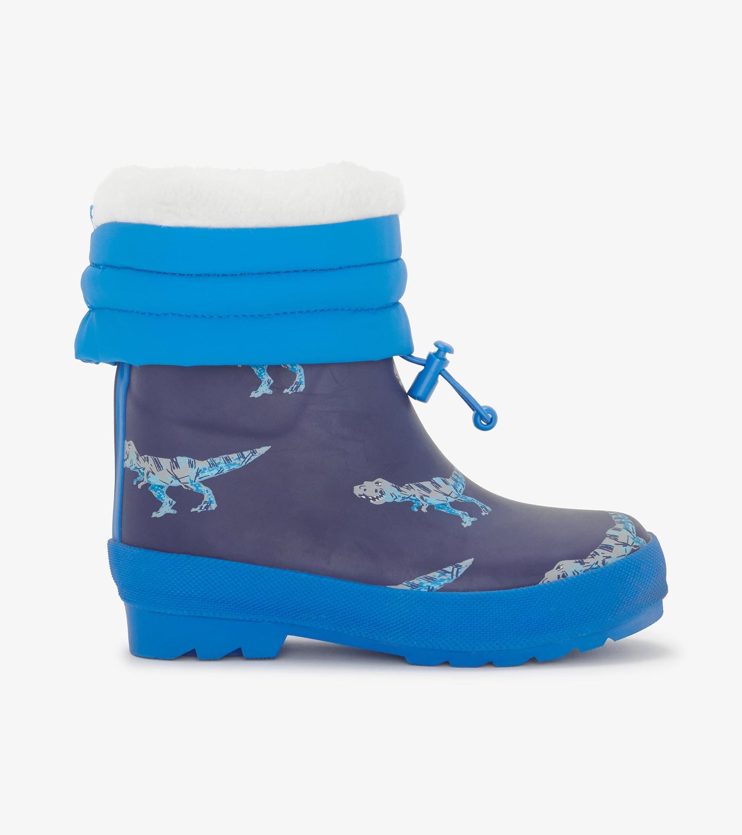 Blue rain boots with a Sherpa lining, featuring a T-Rex pattern on a dark background and a textured sole.