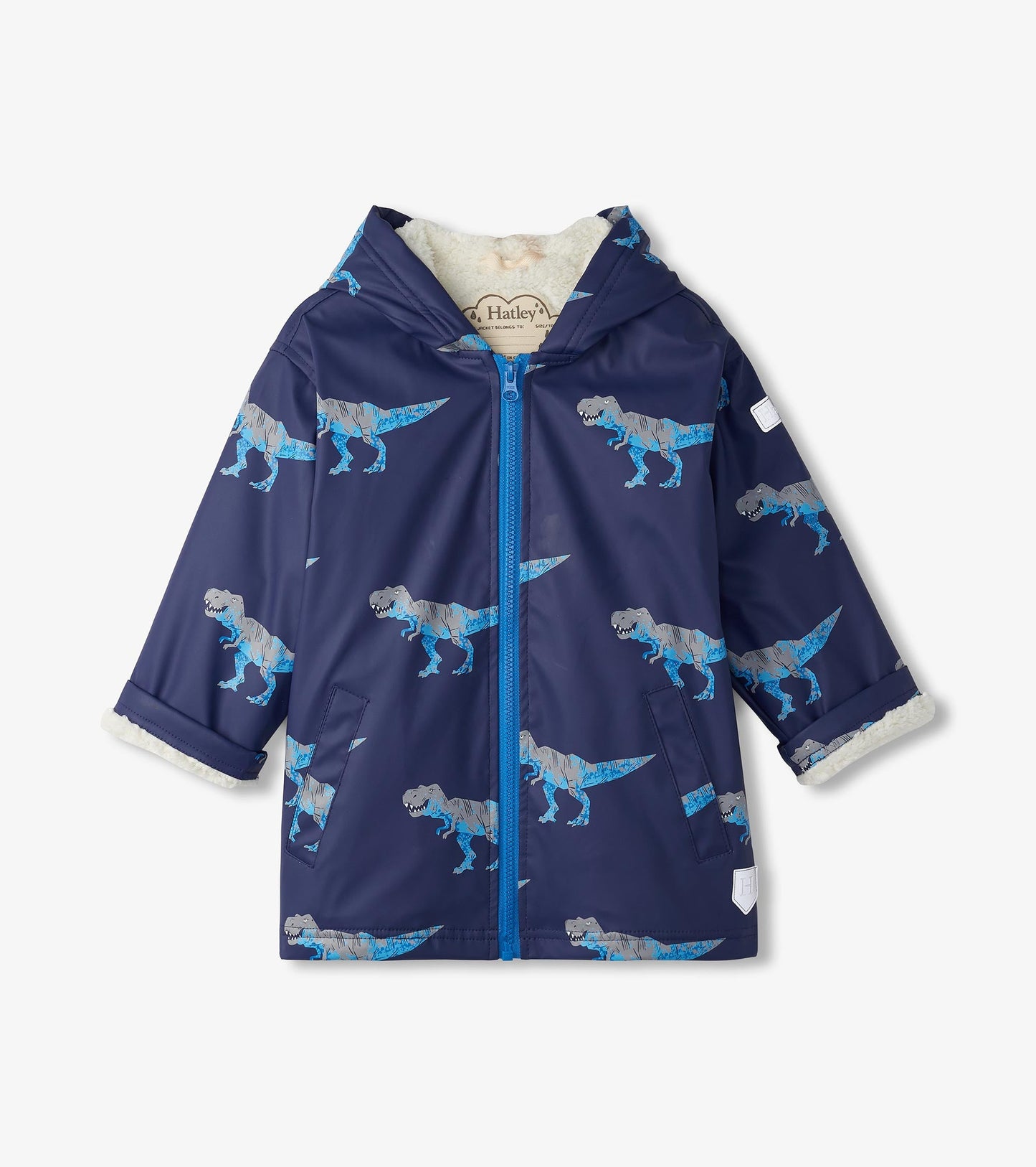 Navy rain jacket with T-Rex print, sherpa lining, zip-up front, and hood. Suitable for boys, available in various sizes.