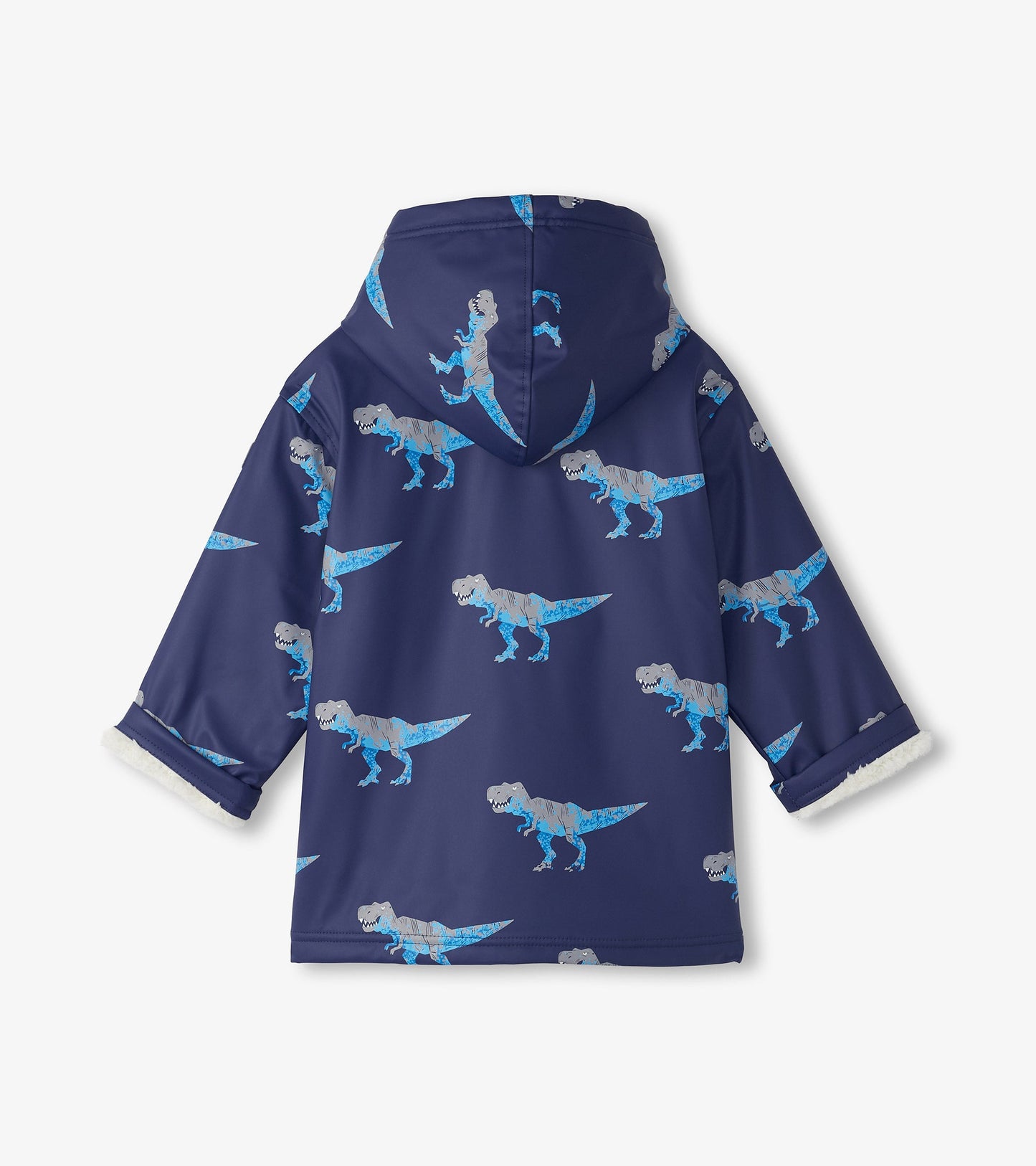Navy rain jacket with T-Rex print, sherpa lining, and hood; features short sleeves and a relaxed fit.