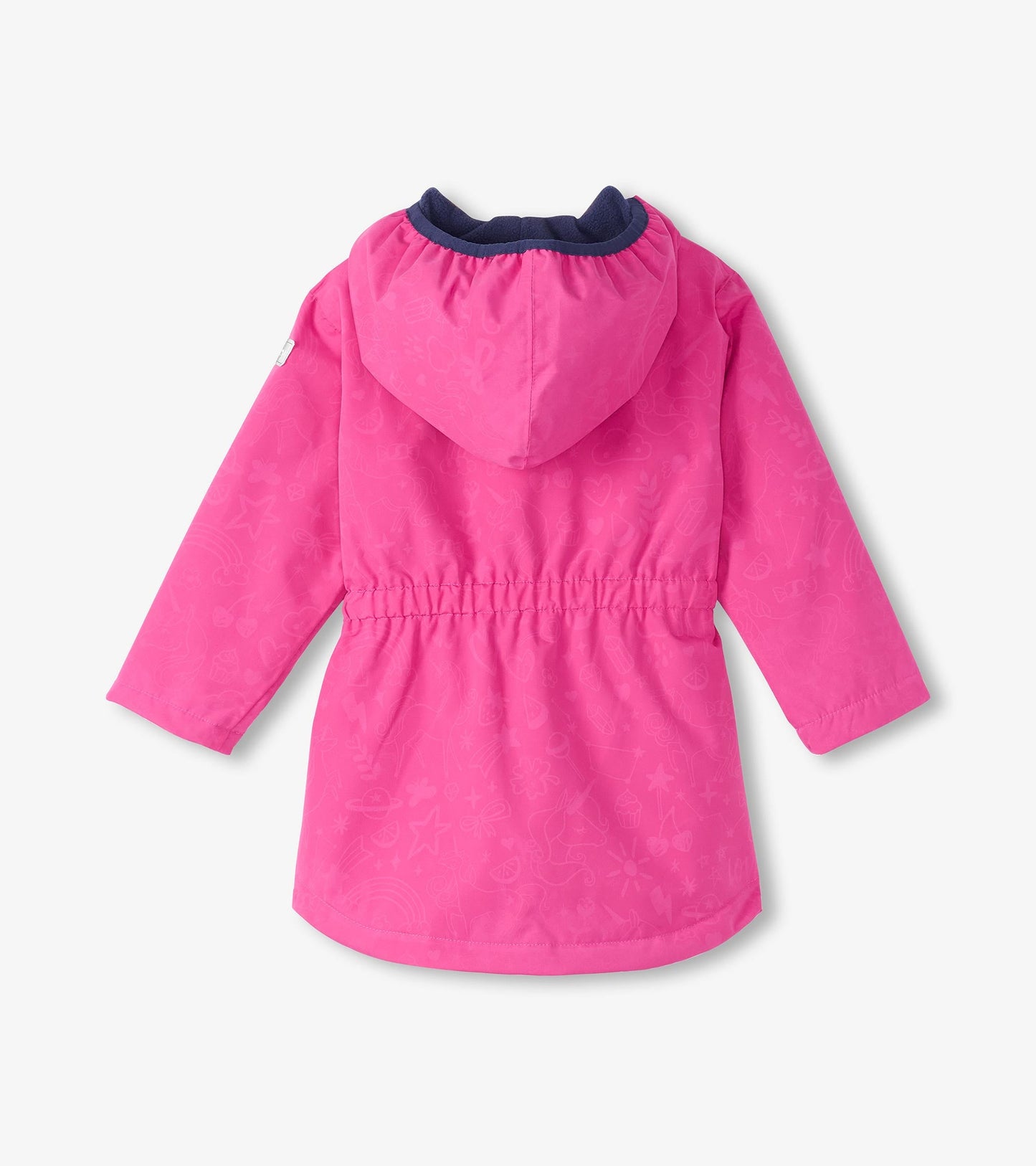 Lightweight pink rain jacket with a hood, featuring a subtle unicorn and star pattern, cinched waist, and long sleeves.