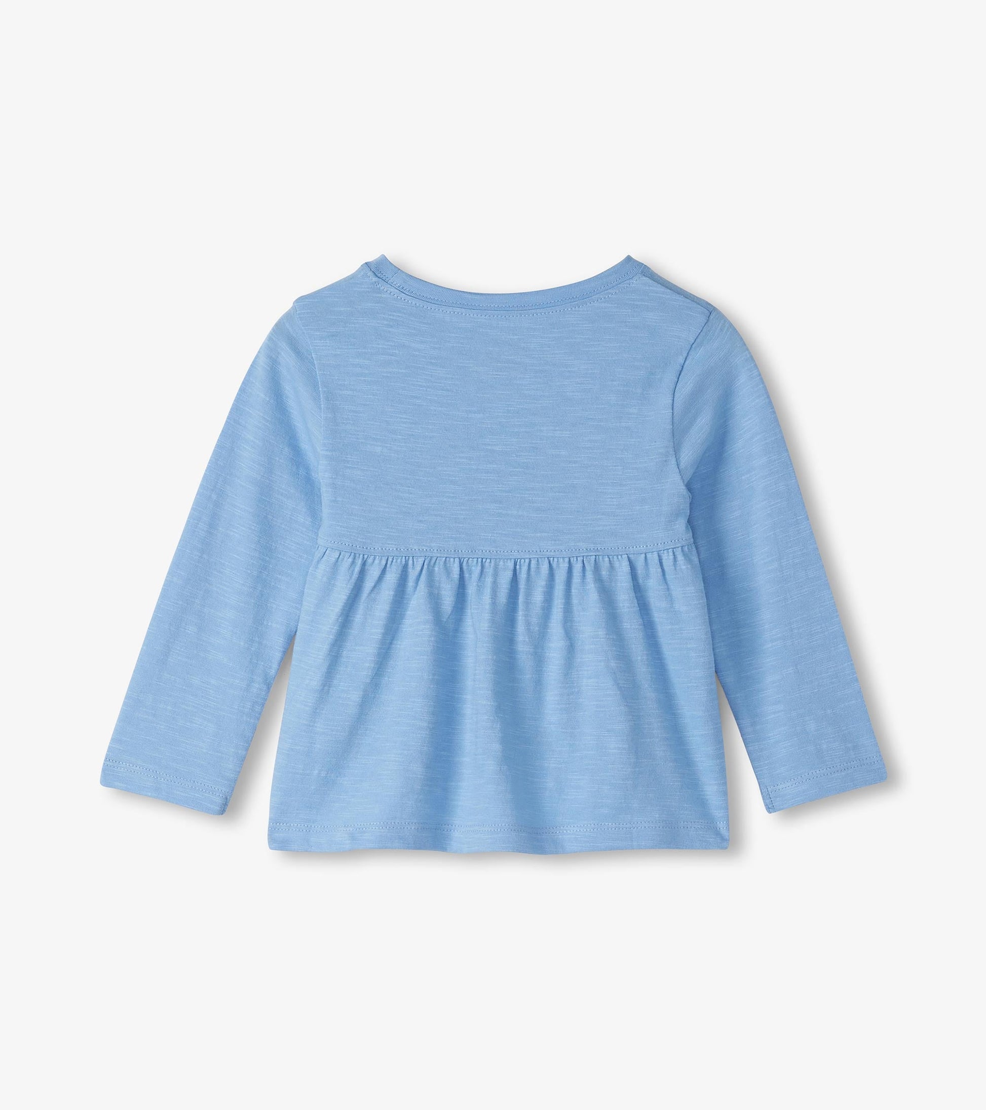 Light blue long sleeve t-shirt with a gathered waist, designed for baby and toddler girls.