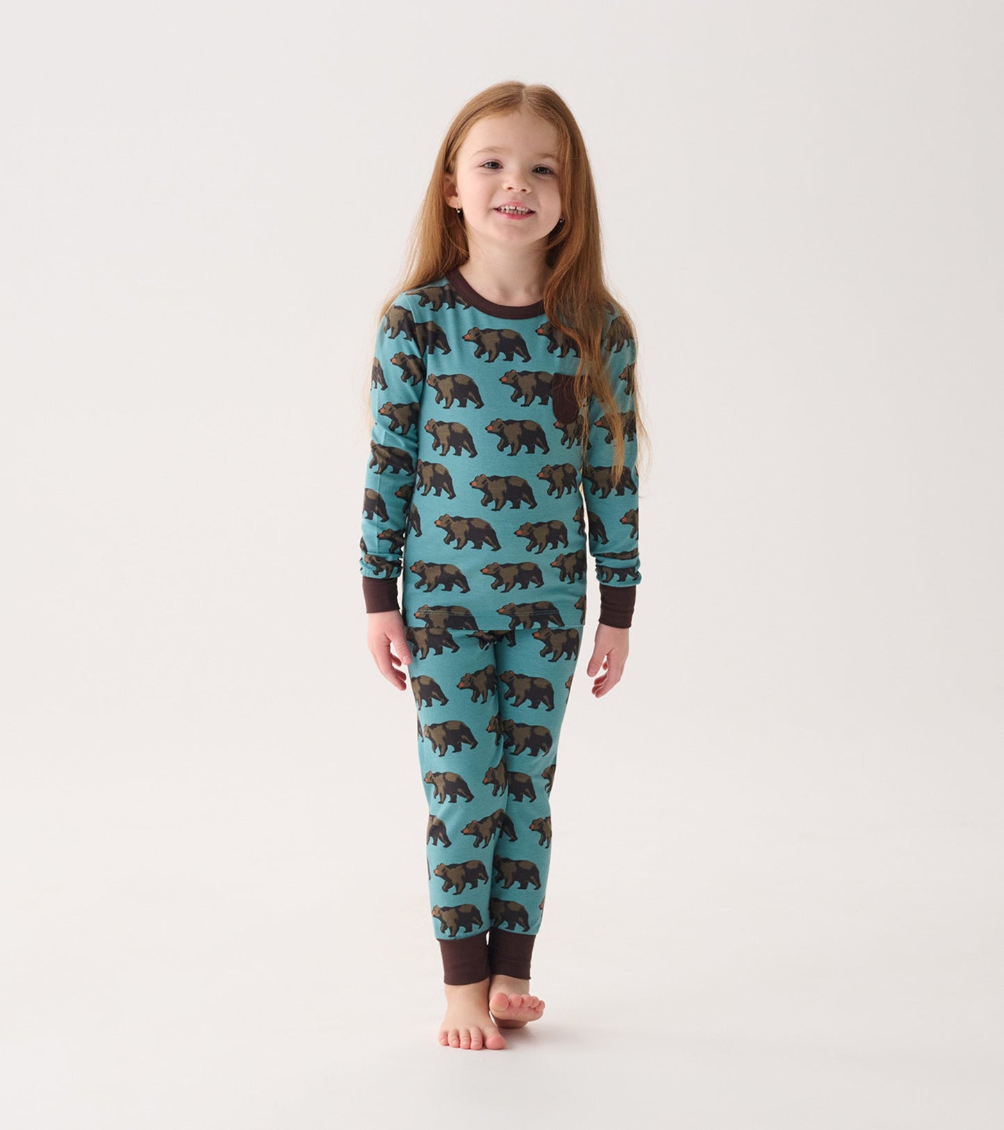 Turquoise bamboo pajama set featuring brown bear patterns, long sleeves, and matching pants. Suitable for boys.