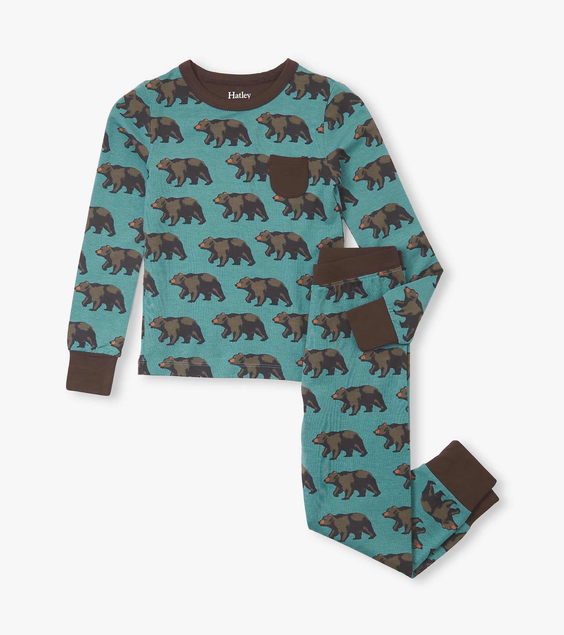 Boys' bamboo pajama set featuring a teal background with brown bear patterns and contrasting brown cuffs and pocket.