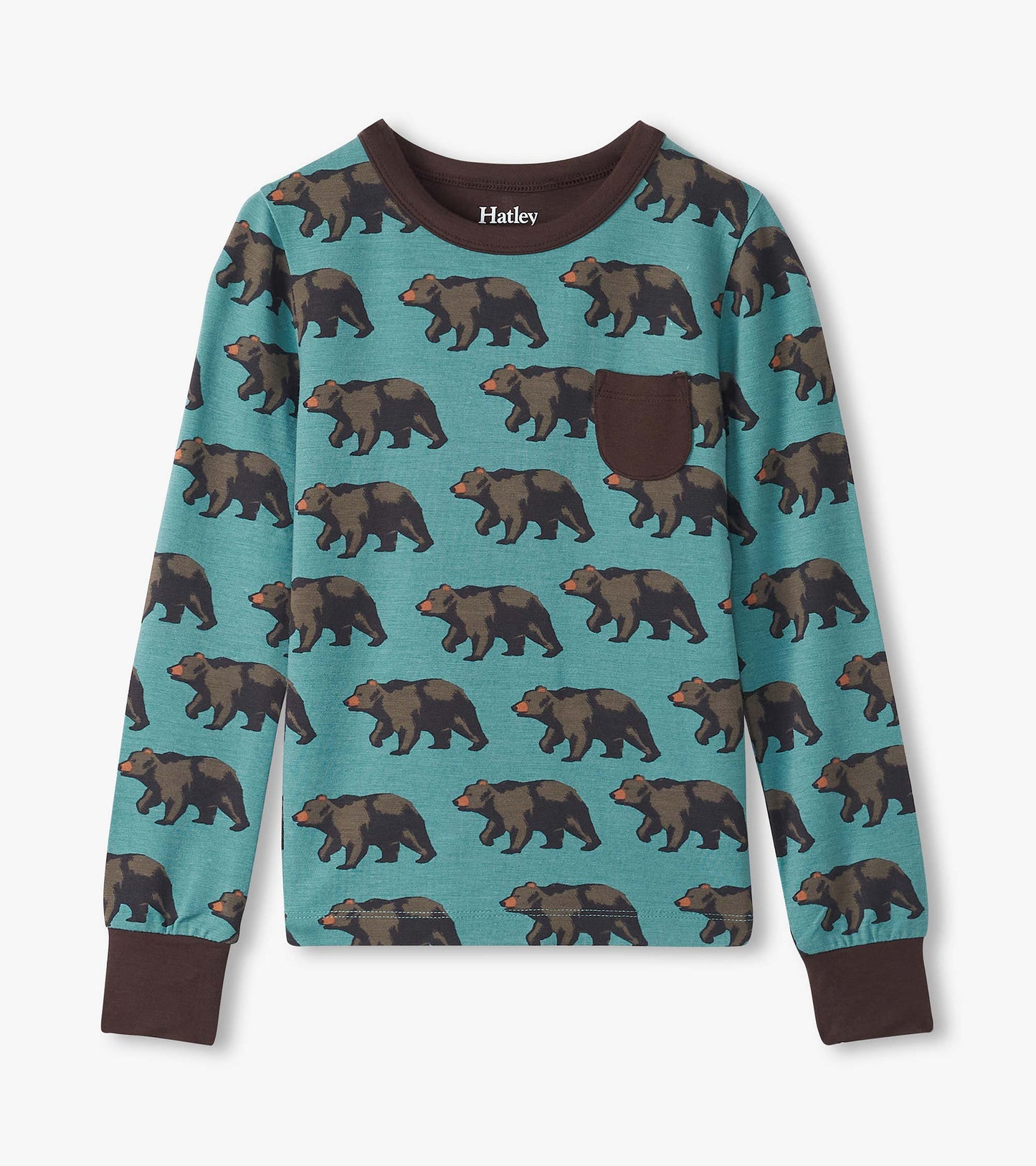 Teal bamboo pajama top featuring a bear pattern, long sleeves, and a brown neckline with a chest pocket.