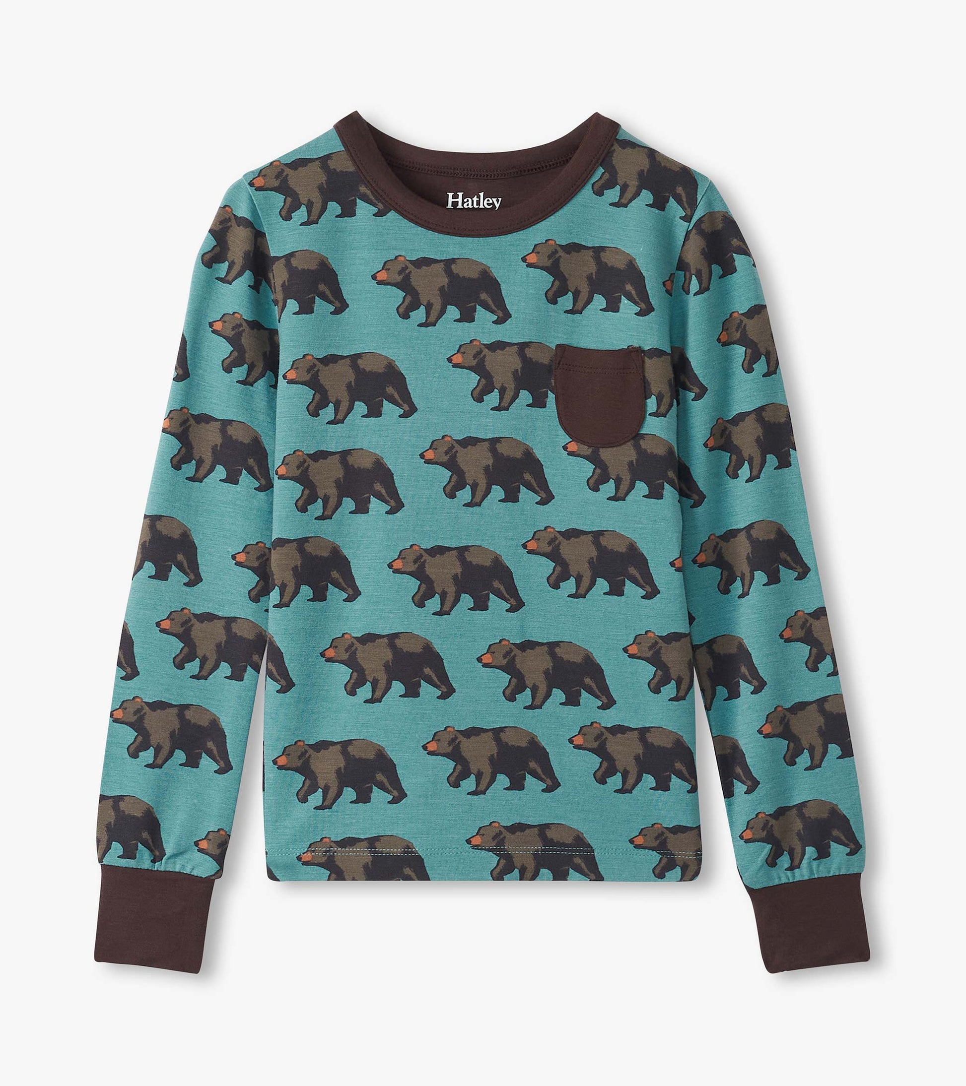 Teal bamboo pajama top featuring a bear pattern, long sleeves, and a brown neckline with a chest pocket.