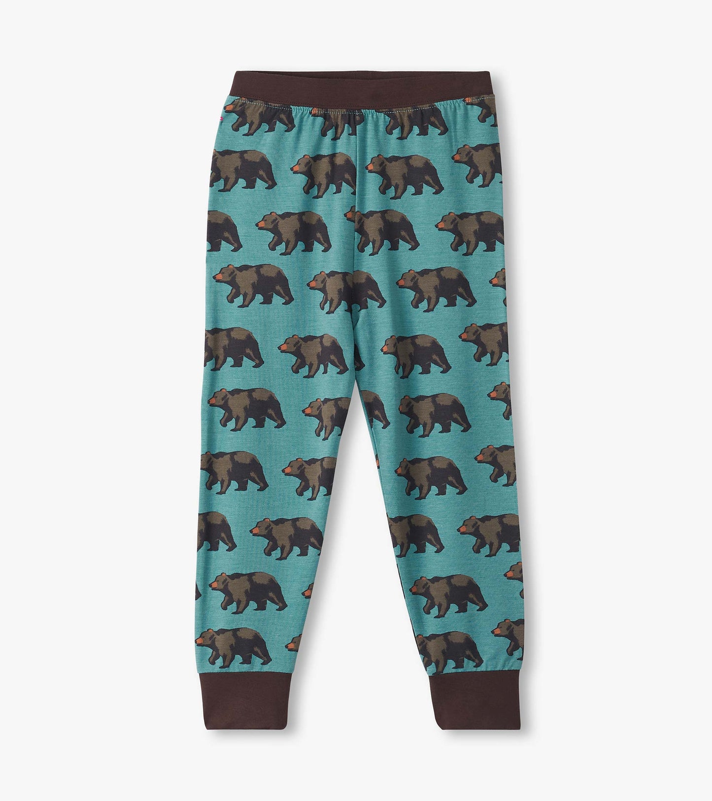 Boys' bamboo pajama pants in teal with a bear pattern and brown cuffs, perfect for comfortable sleepwear.