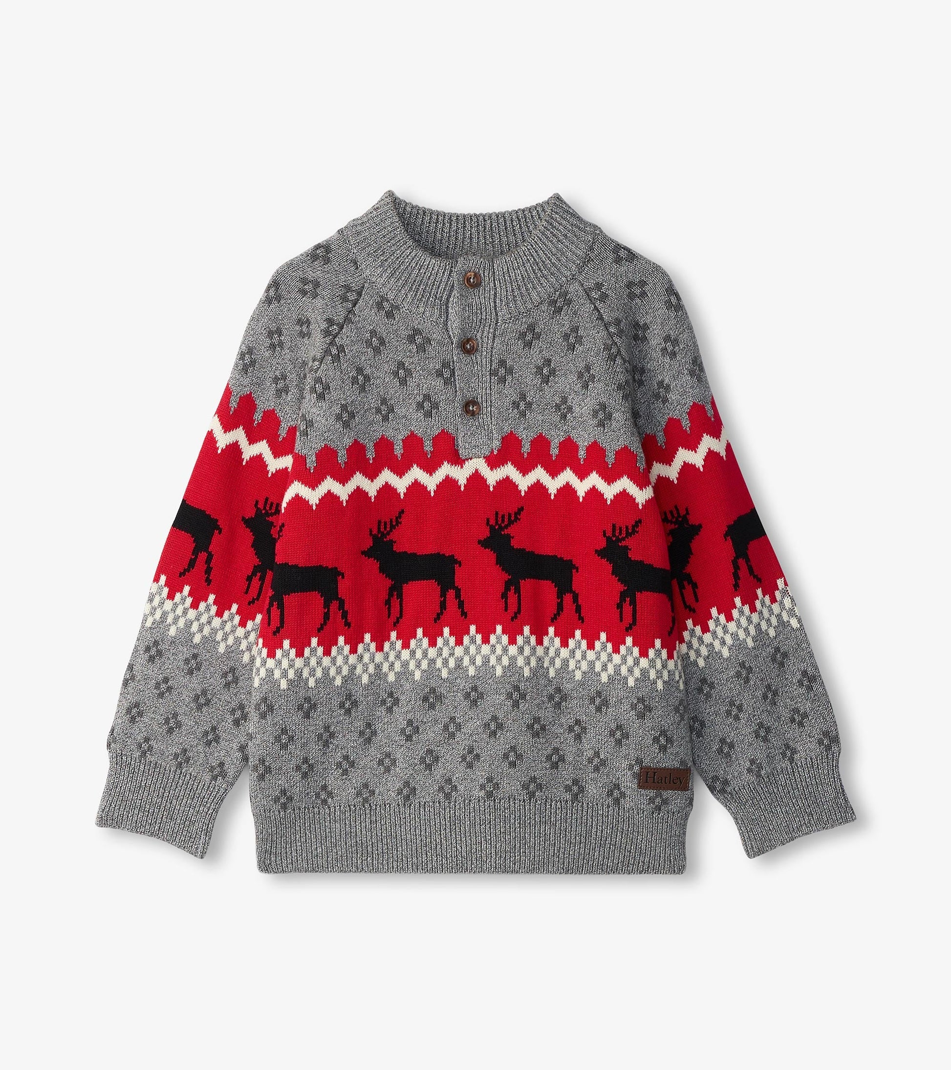 Gray mockneck sweater featuring a festive red and white reindeer pattern, with wooden buttons at the collar.