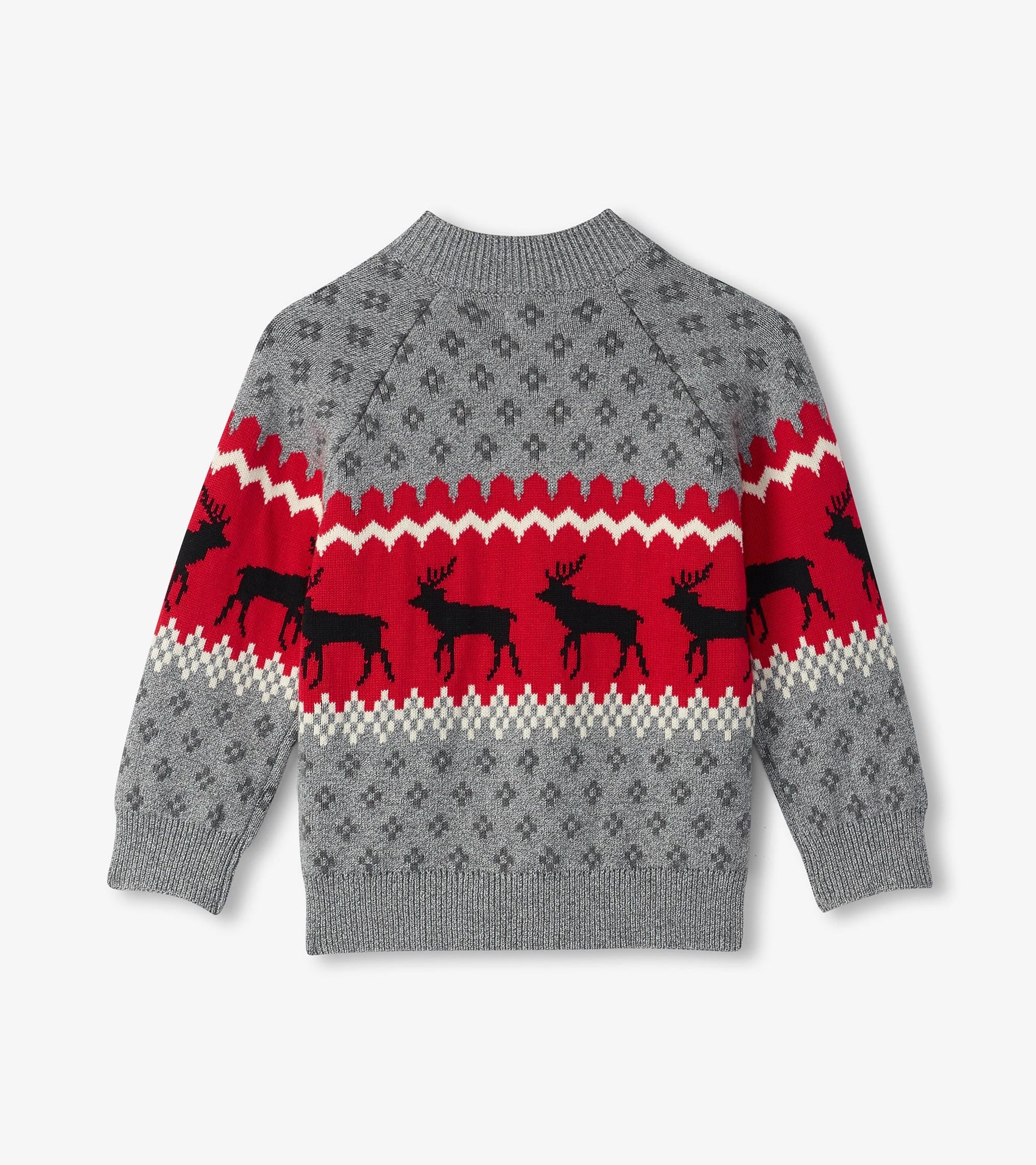 Gray mockneck sweater featuring a red and black reindeer pattern with white accents, ideal for winter wear.