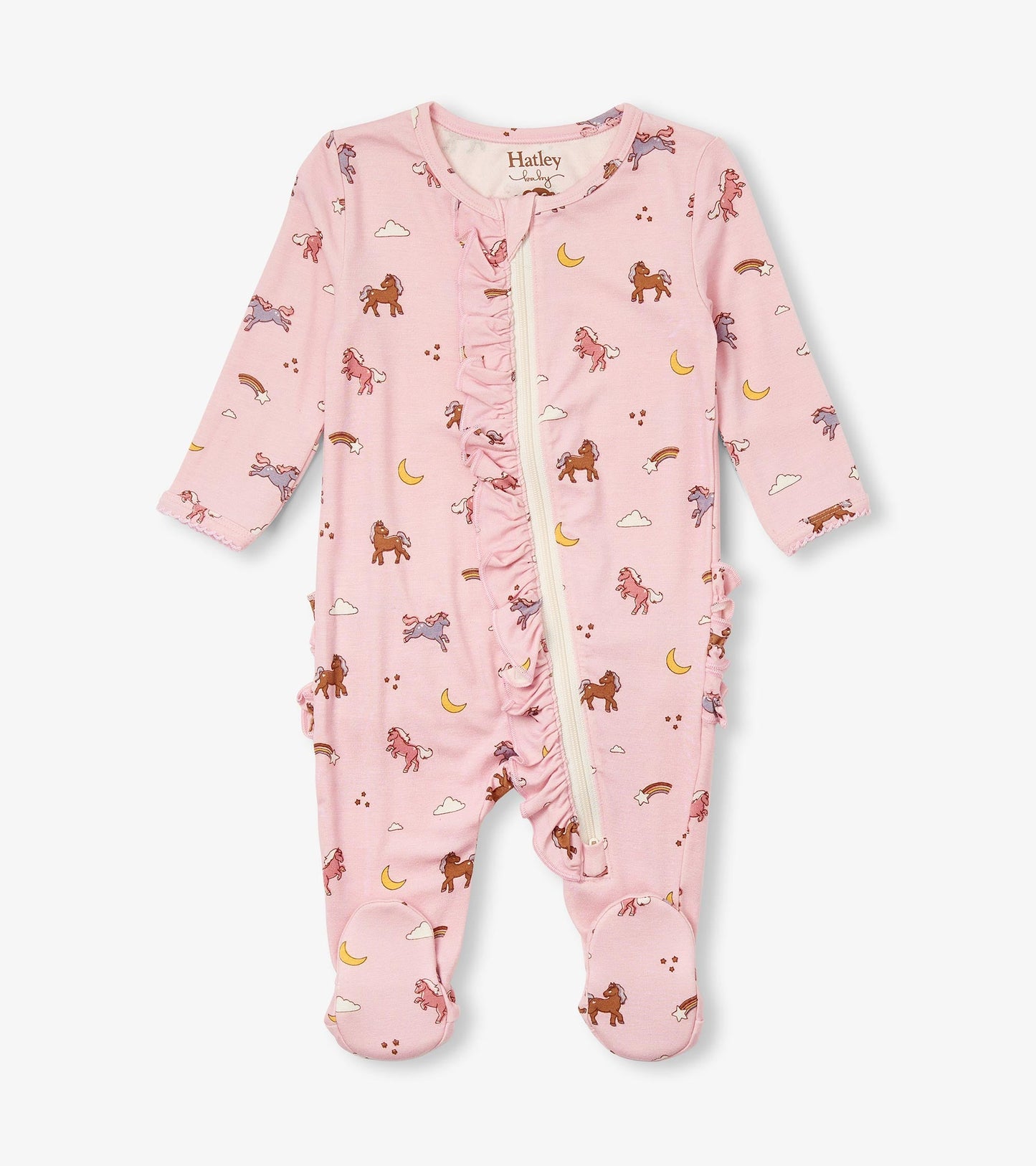 Pink bamboo sleeper with whimsical pony print, ruffle detailing, long sleeves, and footed design for baby girls.