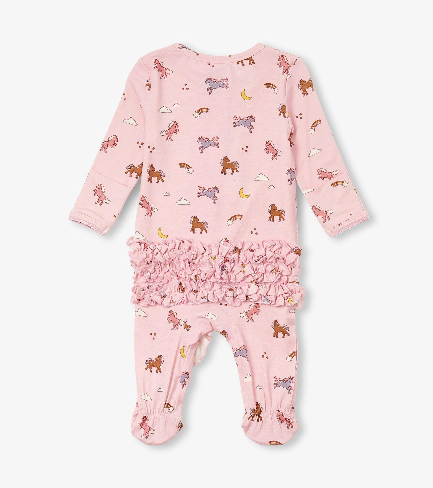 Pink bamboo sleeper with whimsical pony print and ruffle bum detail, featuring long sleeves and footed design.