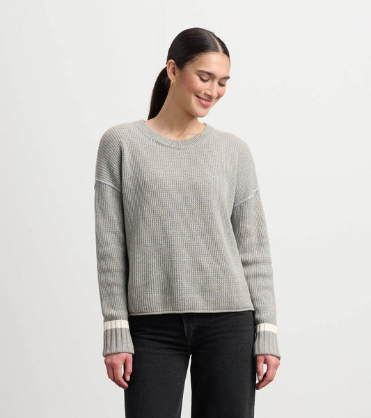 Grey waffle knit sweater with a relaxed fit and striped cuffs, perfect for casual wear.