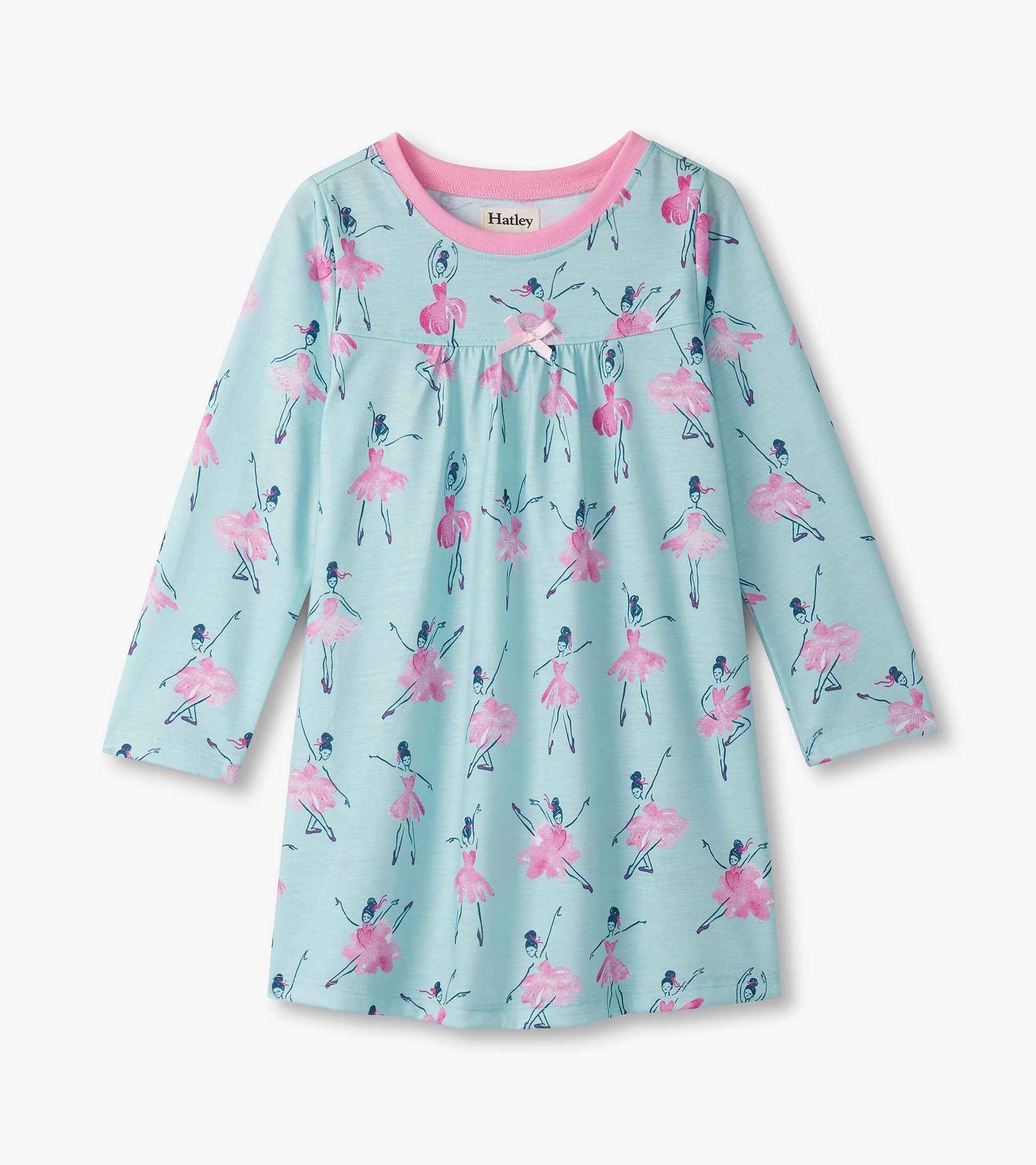Light blue long sleeve nightdress featuring pink ballet dancer prints and a round neckline. Ideal for sleepwear.