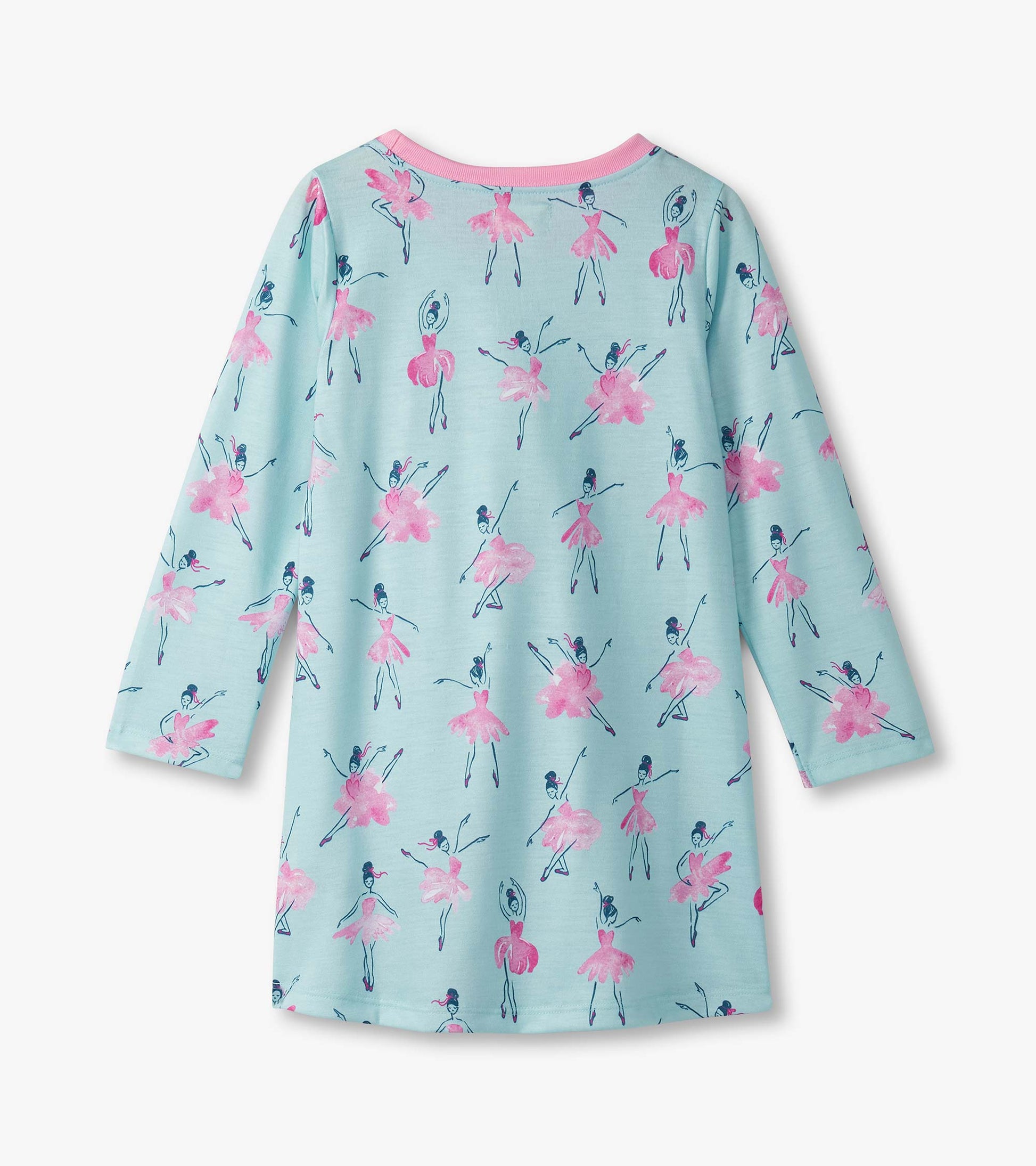 Light blue long sleeve nightdress featuring a playful ballet dancer print in pink and blue.