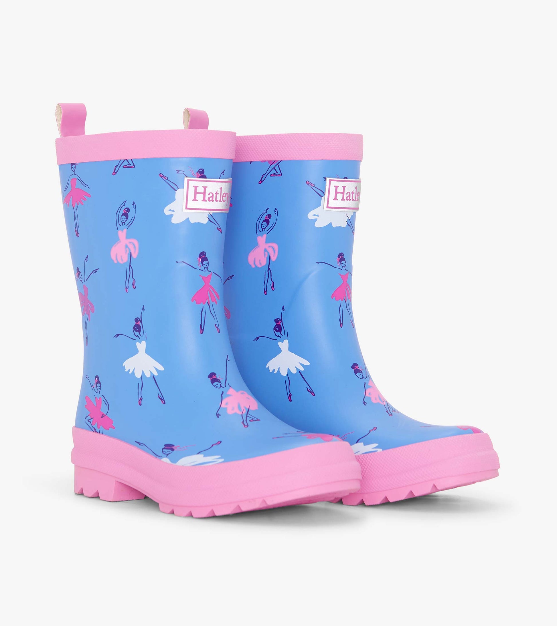 Matte blue rain boots featuring pink ballet dancer patterns and pink trim, designed for girls.