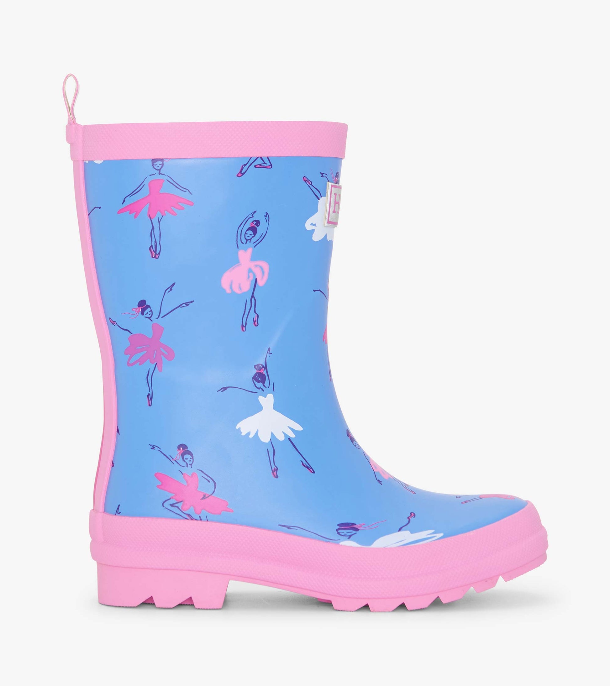 Matte blue rain boots with pink trim, featuring ballet dancer patterns, designed for girls. Side view shown.