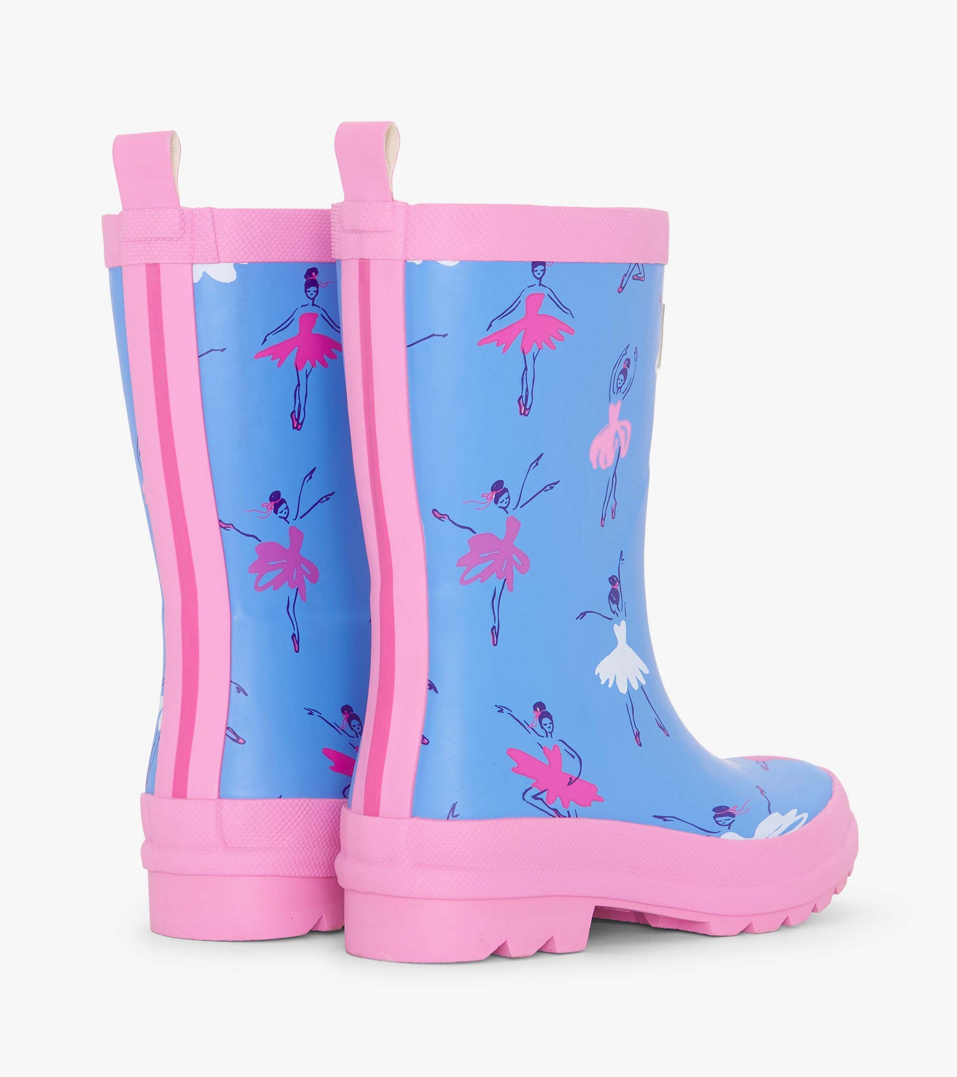Matte blue rain boots with pink accents and ballet dancer prints, featuring pull tabs for easy wear.