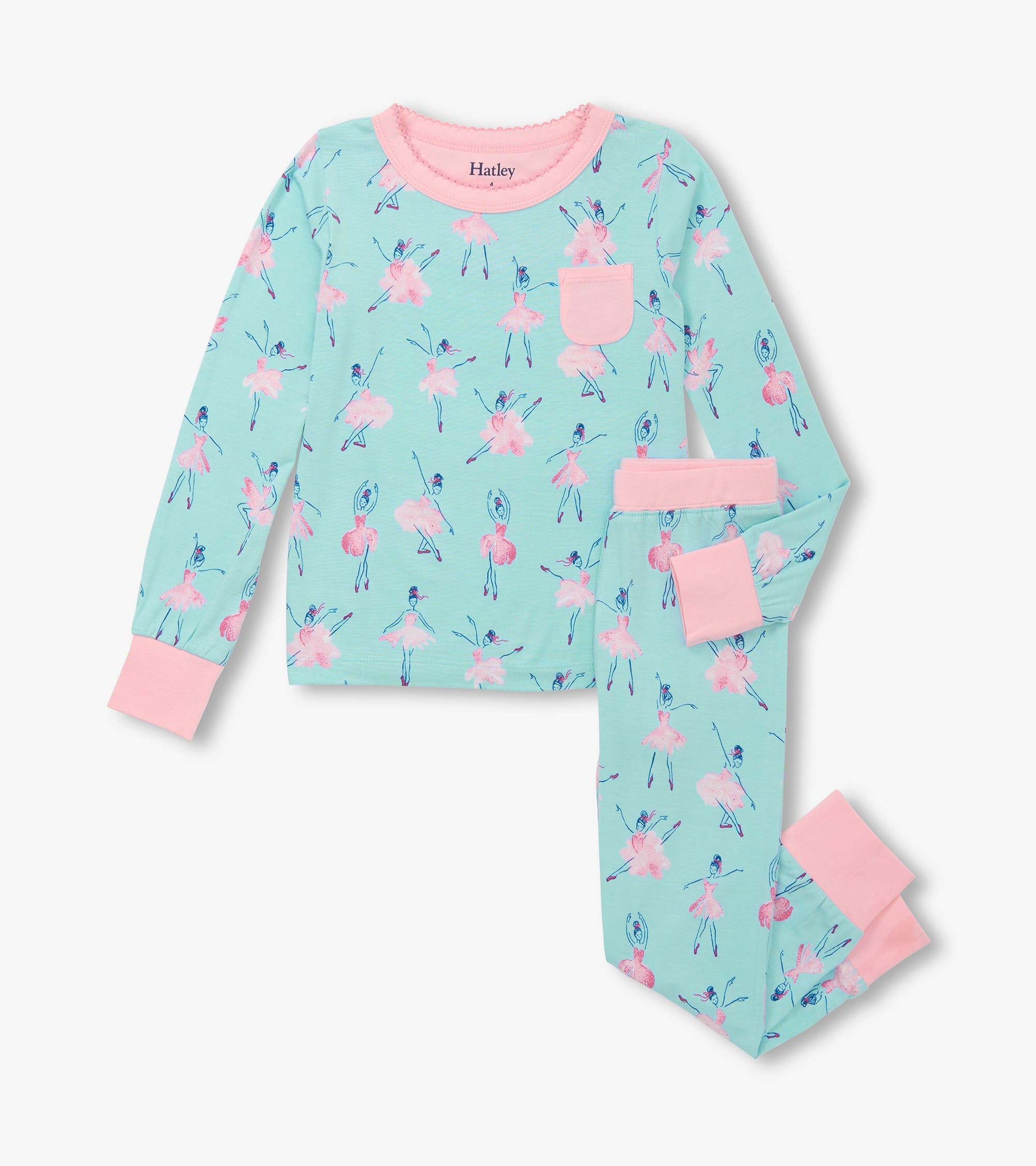 Light blue bamboo pajama set featuring pink ballet dancer prints, long sleeves, and matching pants with pink cuffs.
