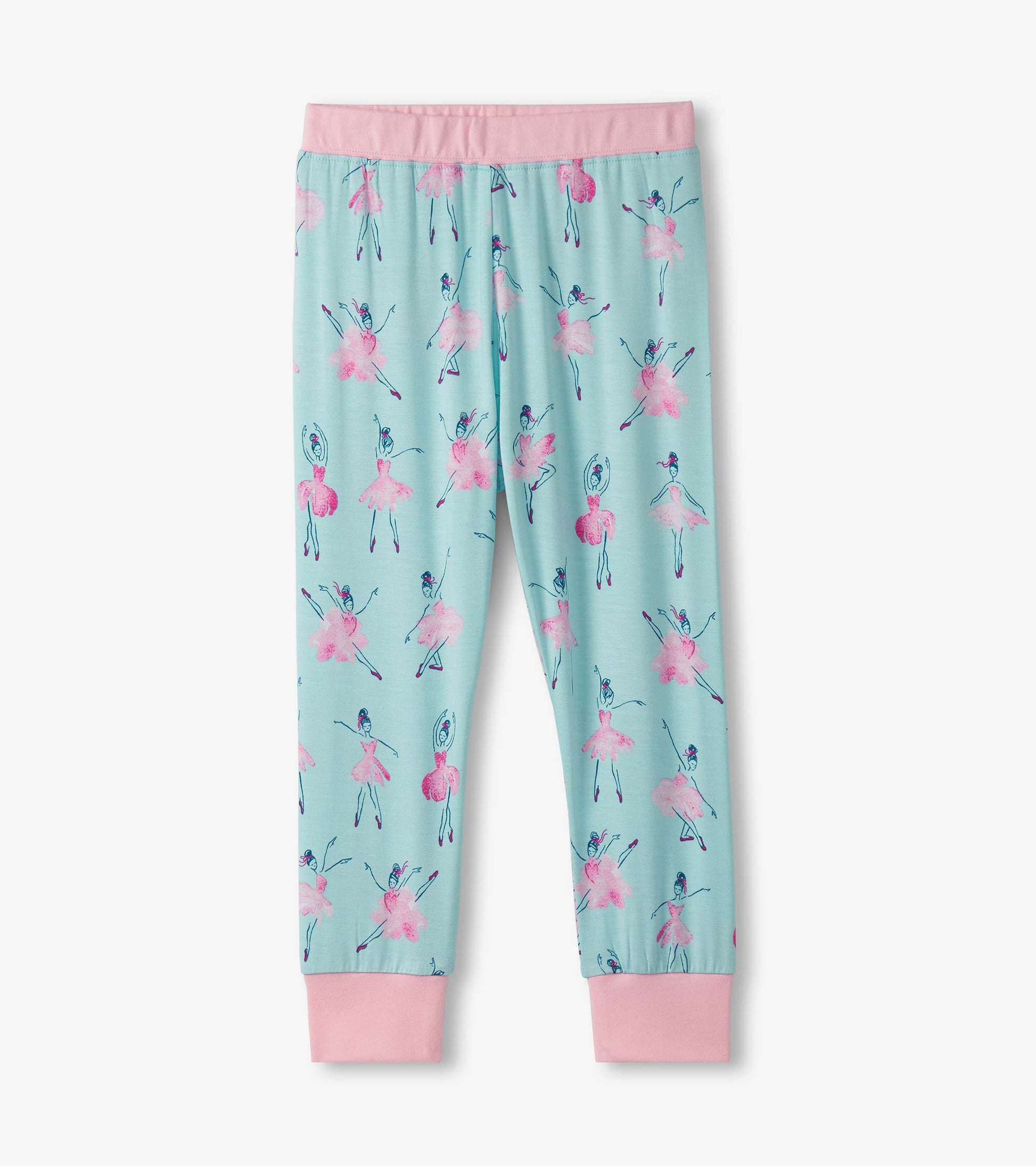 Light blue bamboo pajama set featuring pink ballet dancer prints and pink cuffs, suitable for girls.