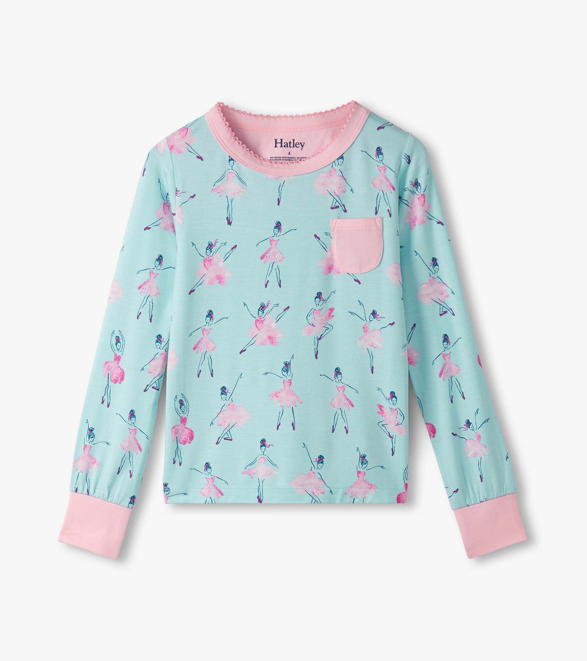 Light blue long-sleeve pajama top featuring pink ballet dancer prints and a pink pocket. Soft bamboo material.