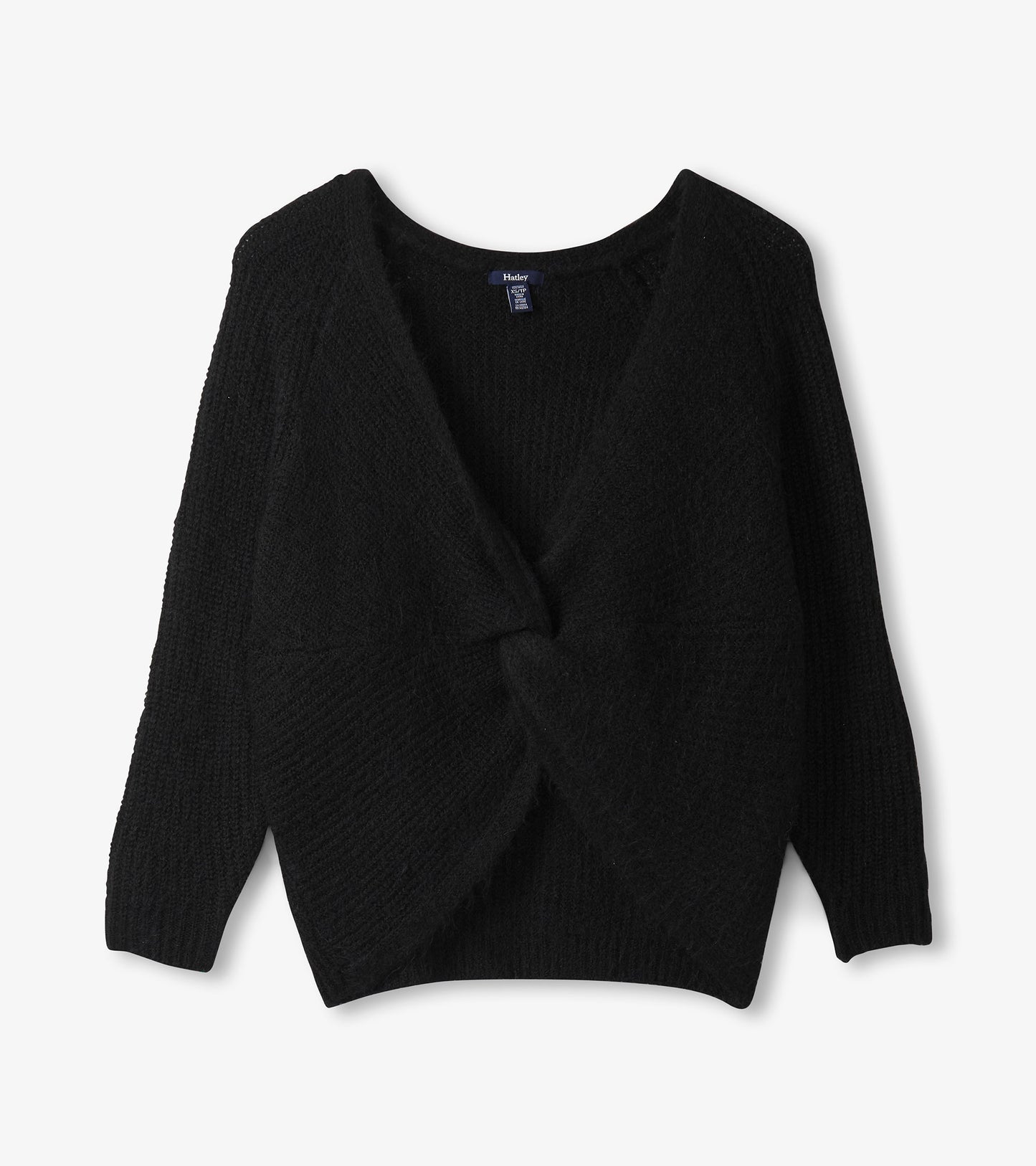 Black cross-over sweater with long sleeves and a textured knit pattern. Features a V-neck and a relaxed fit.