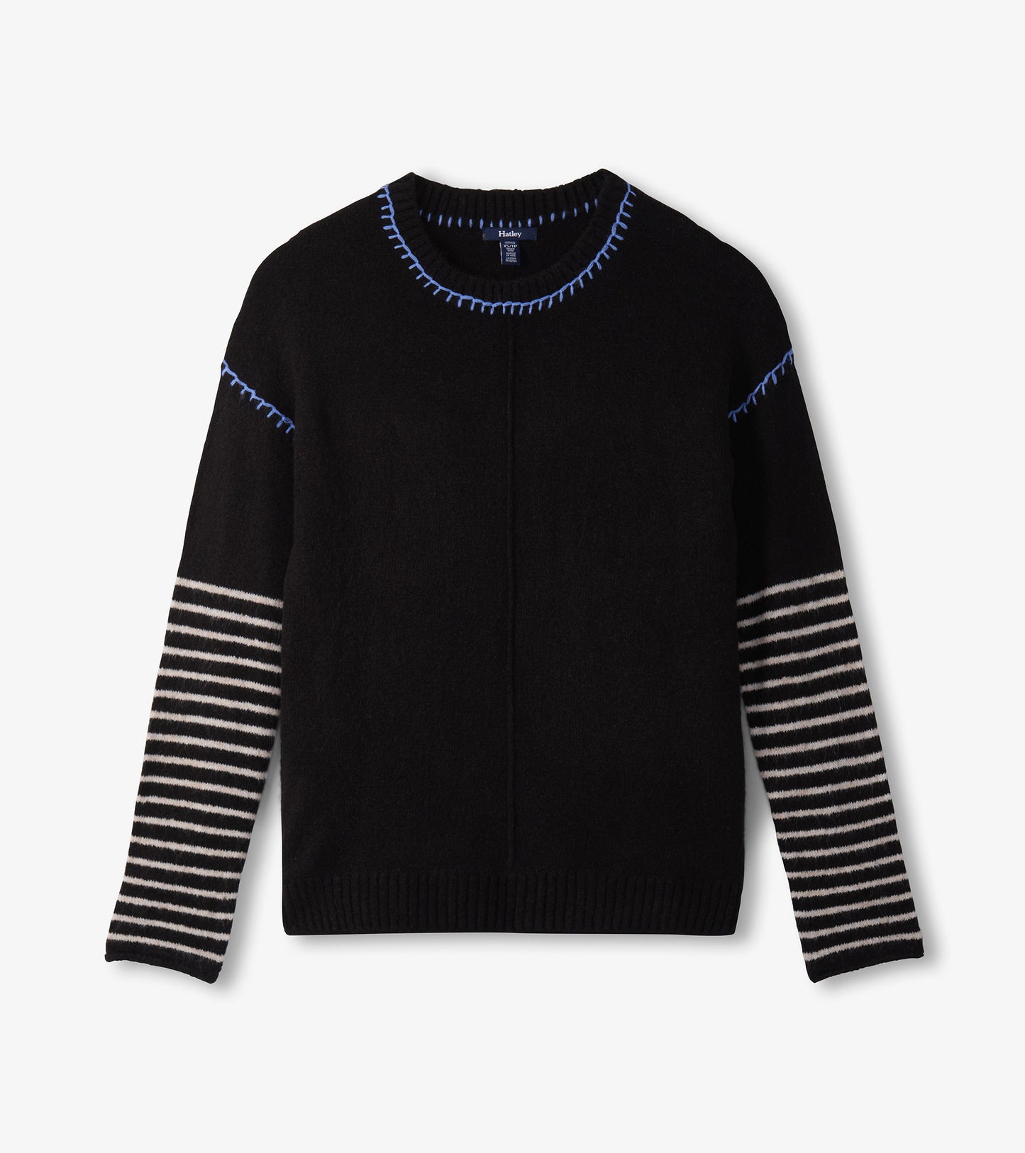 Black sweater with blue stitching and striped sleeves, featuring a round neckline and long sleeves.