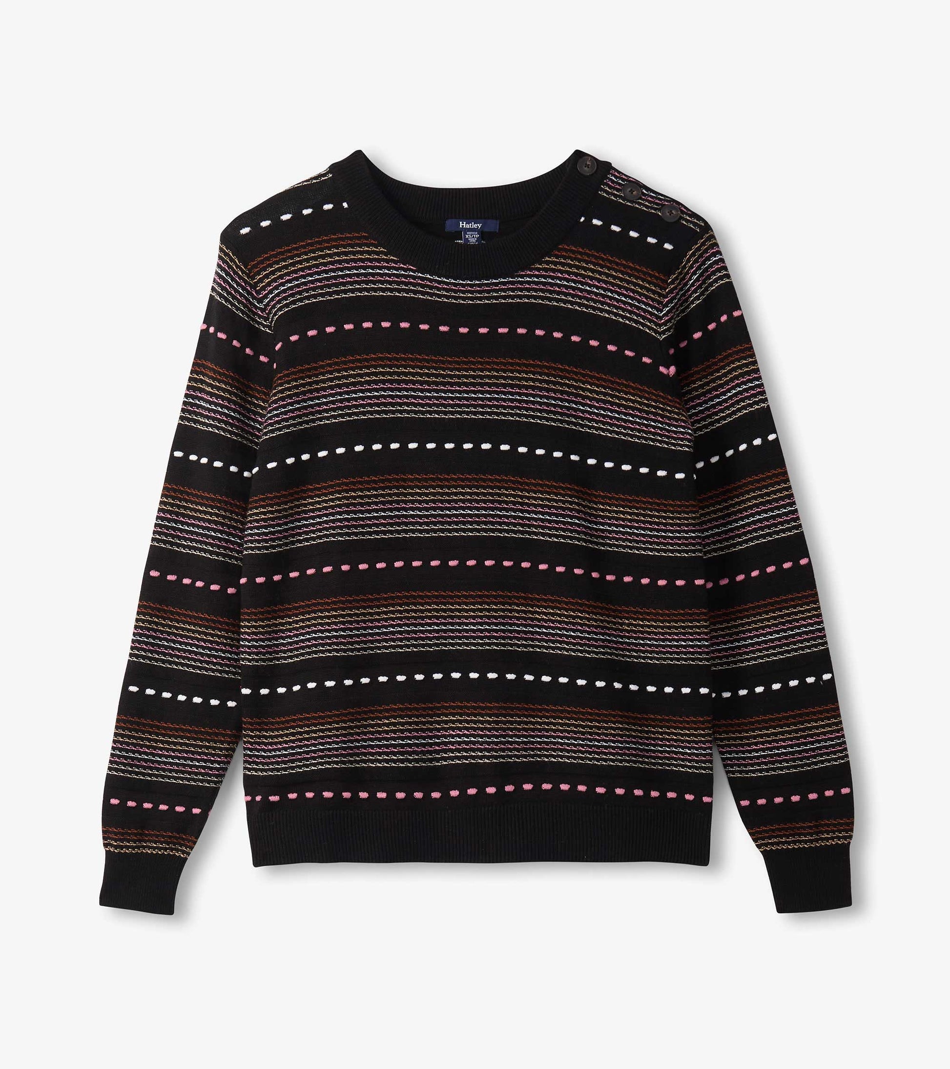 Black sweater featuring colorful horizontal stripes and a round neckline with button detail on the shoulder.