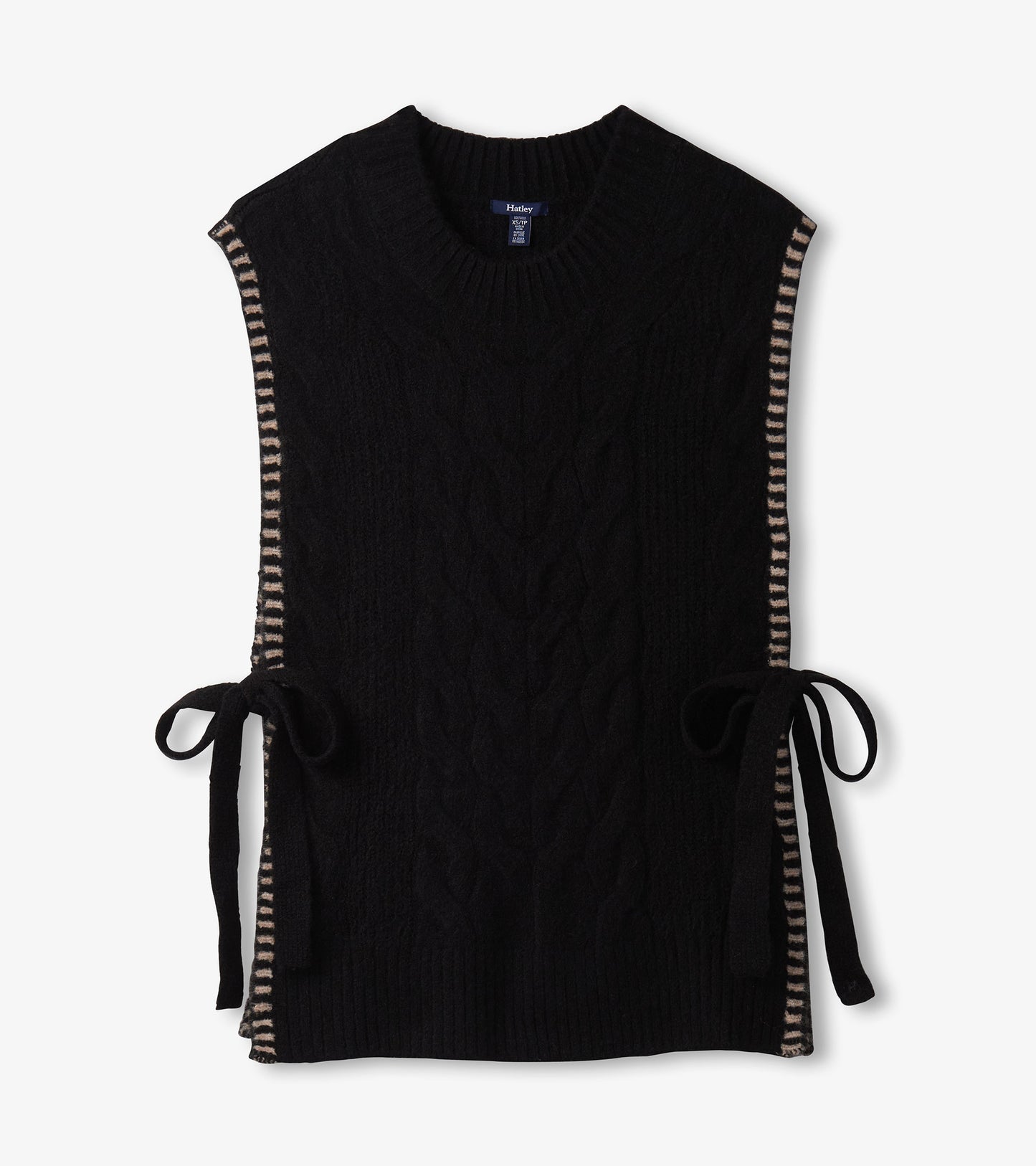Black side-tie sweater vest with cable knit texture and striped trim along the sides.
