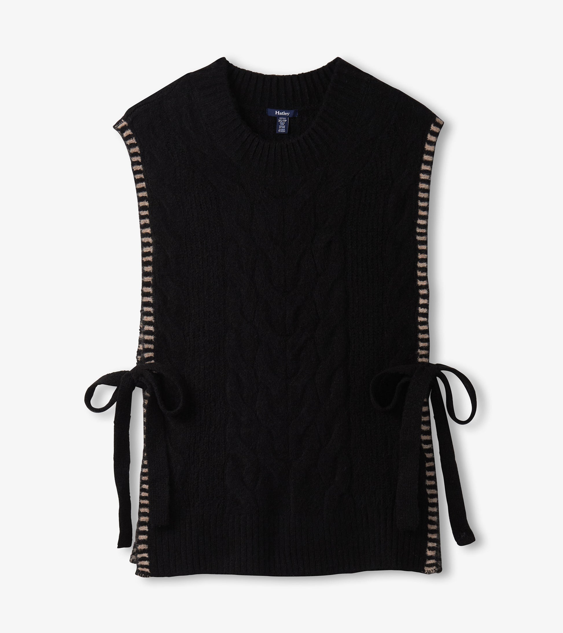 Black side-tie sweater vest with cable knit texture and striped trim along the sides.