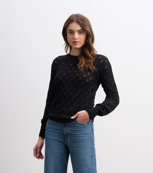 Black knitted sweater with a textured pattern, round neckline, and ribbed cuffs, styled with blue jeans.