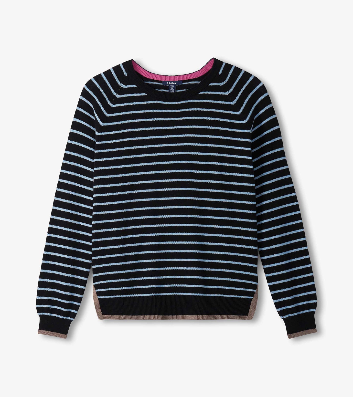 Black sweater with light blue stripes, round neckline, and long sleeves. Features ribbed cuffs and hem.