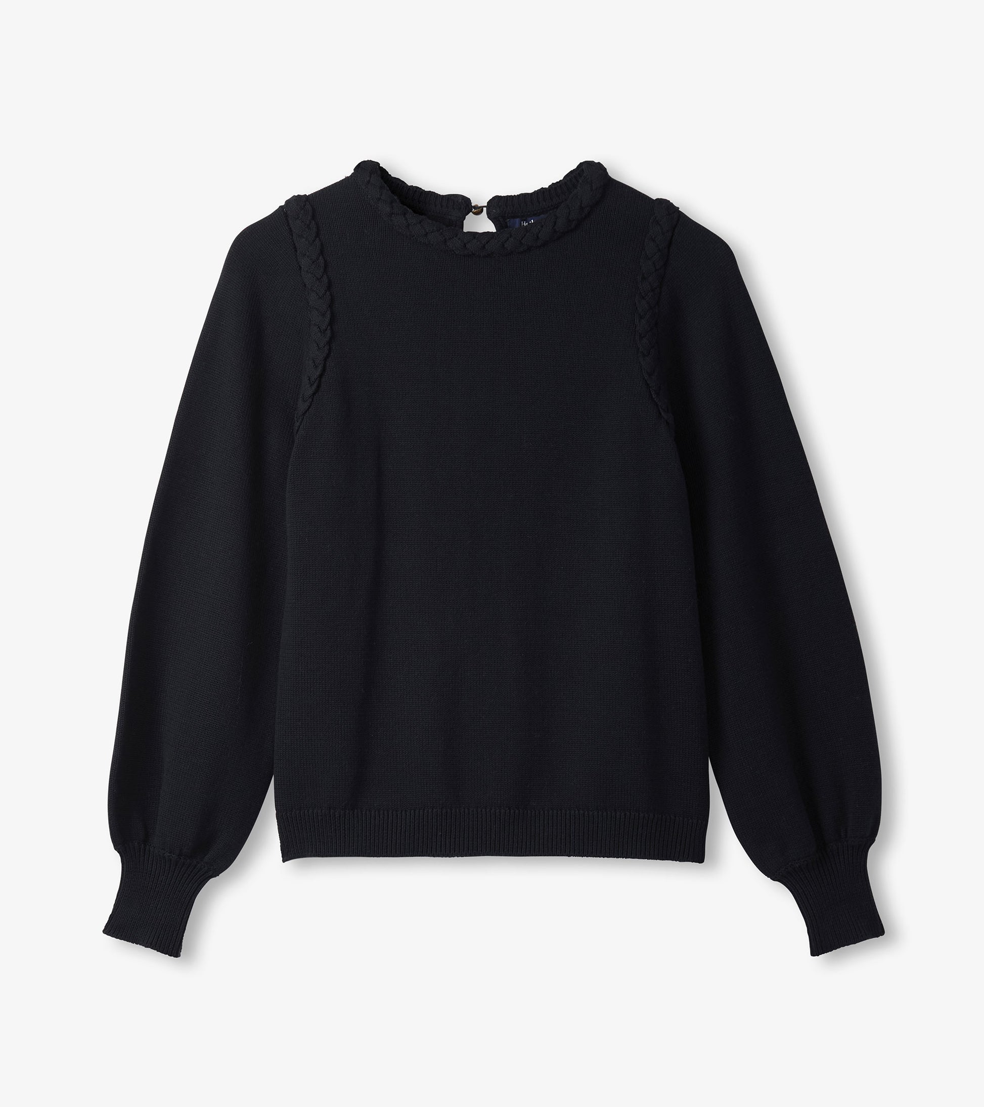 Black braided sweater with long sleeves and a round neckline, featuring a textured design along the shoulders.