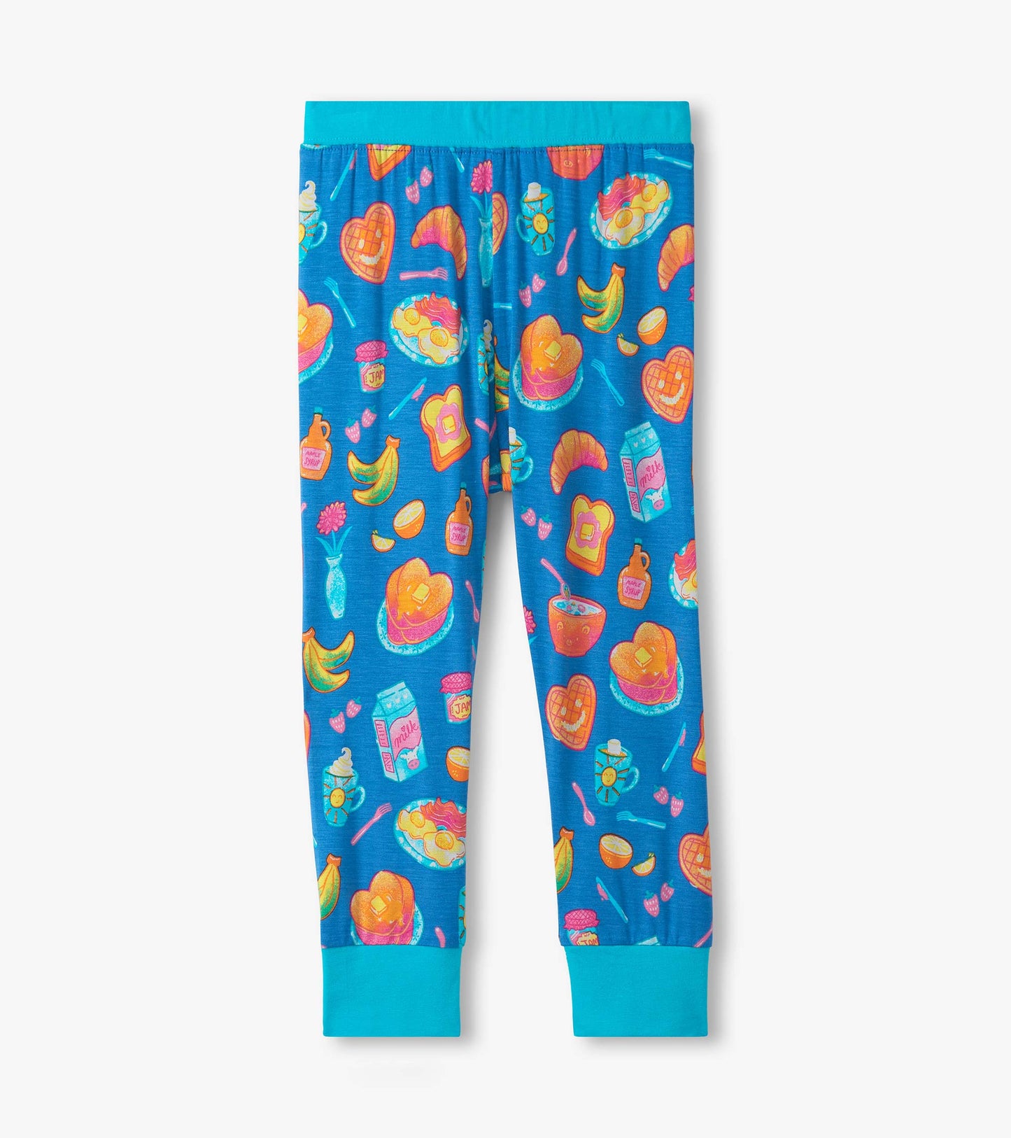 Blue bamboo pajama pants featuring a colorful breakfast food pattern with hearts, fruits, and breakfast items.