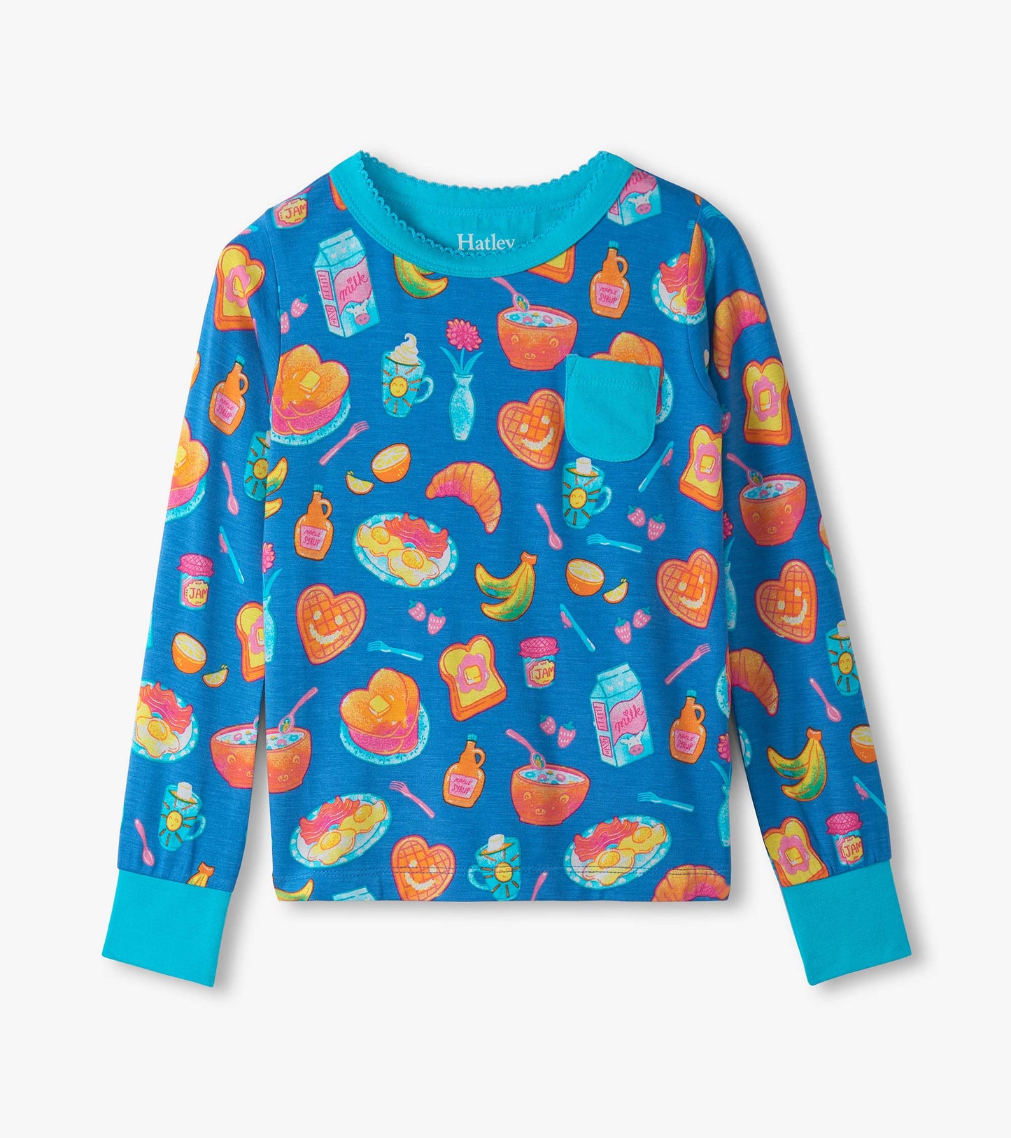 Long-sleeve pajama top in blue with colorful breakfast-themed print, featuring a pocket and contrasting cuffs.