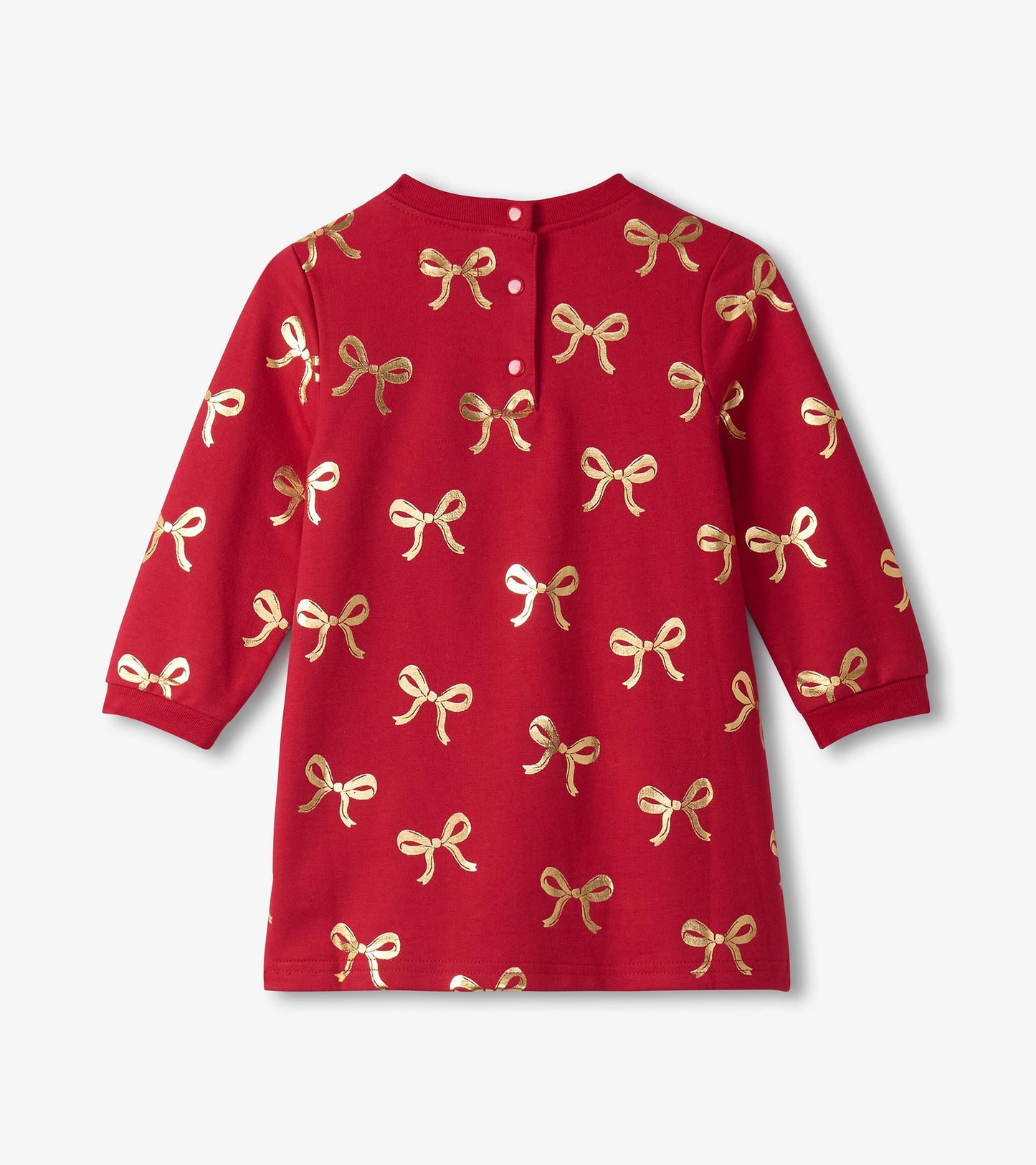 Red dress featuring a pattern of gold ribbons, with long sleeves and a button closure at the back.
