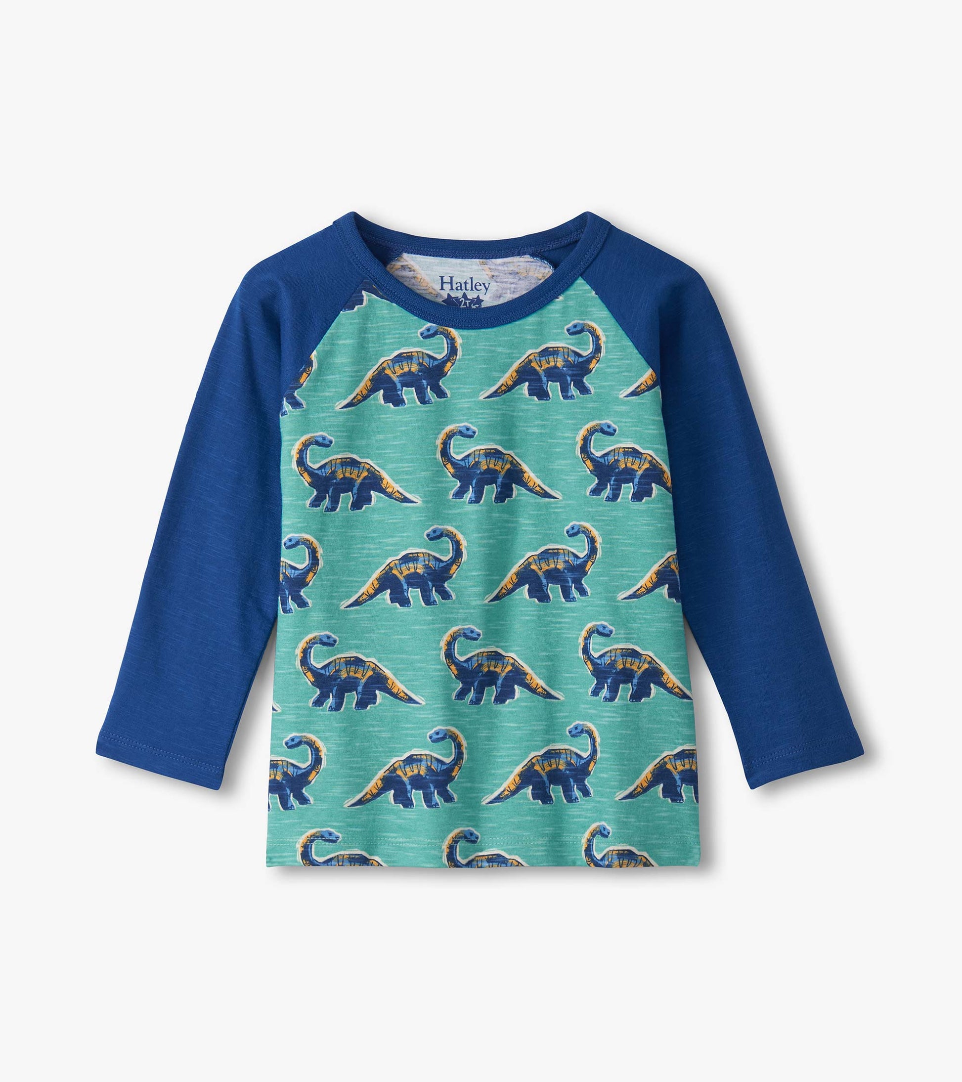 Long-sleeve raglan lounge set featuring a green dinosaur print on a blue background, suitable for baby and toddler boys.