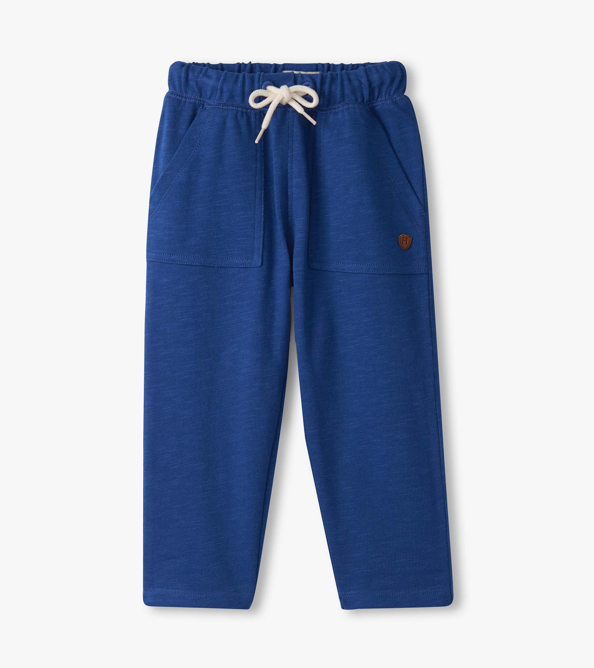 Blue lounge pants with an elastic waistband, drawstring, and two front pockets. Soft, casual design for baby and toddler boy…
