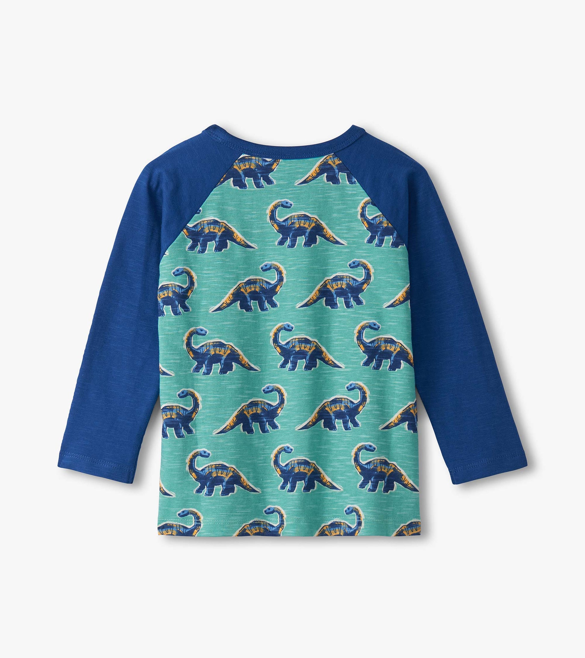 Blue raglan long-sleeve top featuring colorful dinosaur print on a green background.