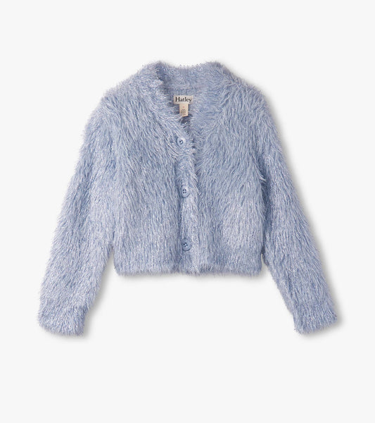 Light blue metallic cardigan with a fluffy texture, featuring a button front and long sleeves.