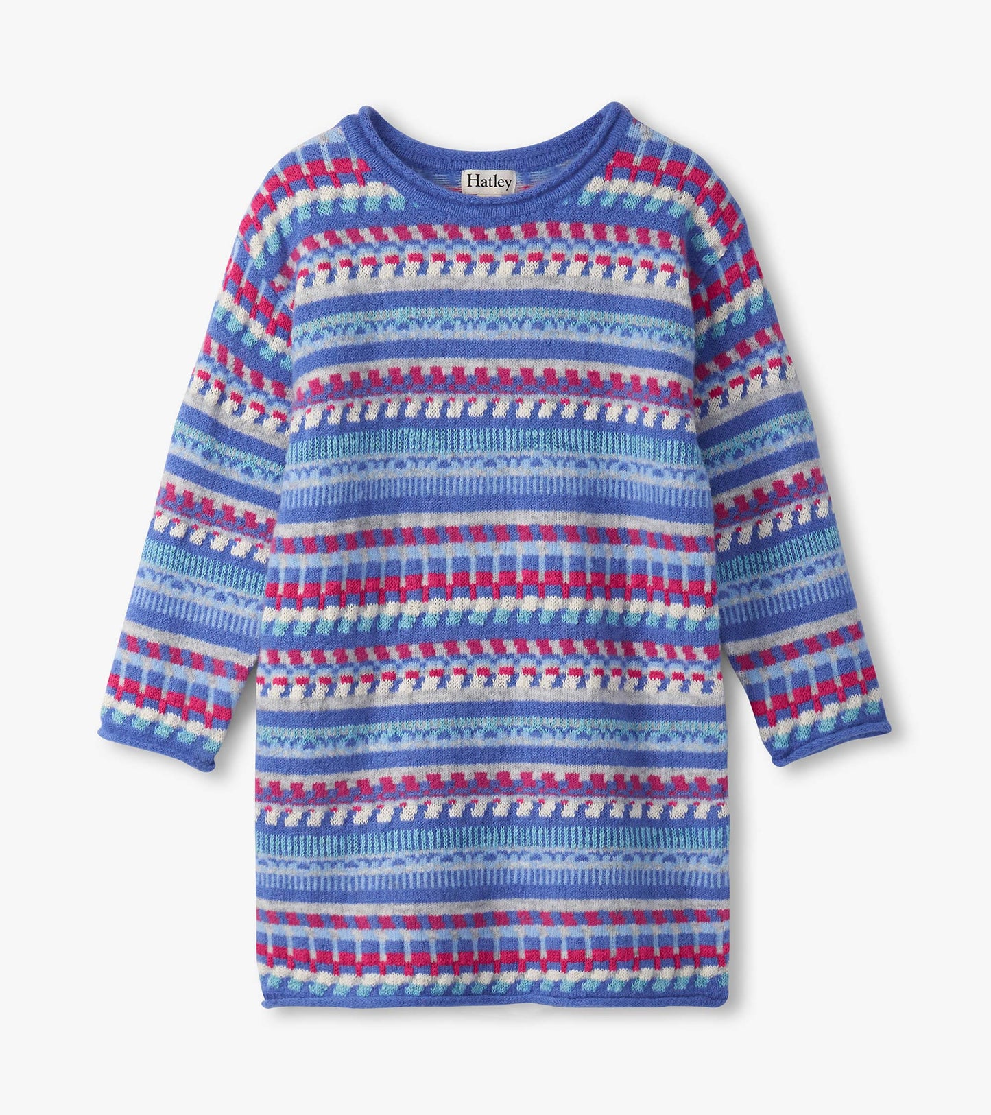 Blueberry striped sweater dress featuring long sleeves and a round neckline, suitable for casual wear.