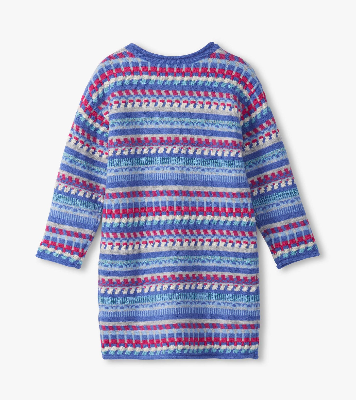 Blueberry striped sweater dress featuring long sleeves and a round neckline, showcasing a mix of blue, red, and white patter…