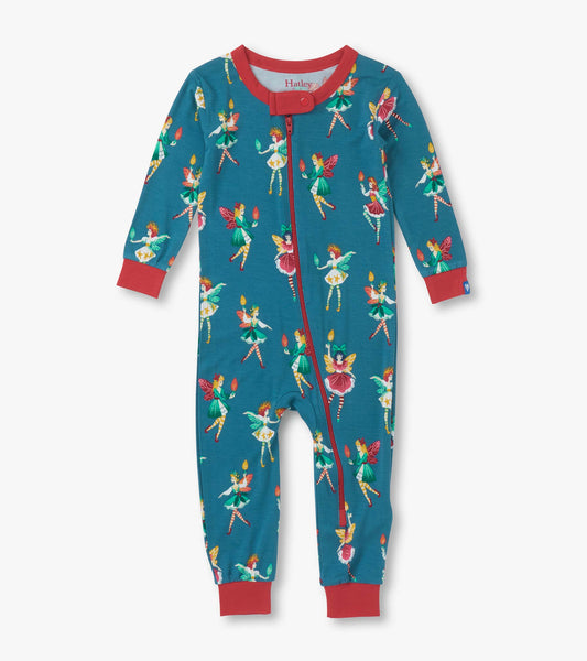 Teal bamboo sleeper featuring colorful fairy prints, long sleeves, and red trim, suitable for baby girls.