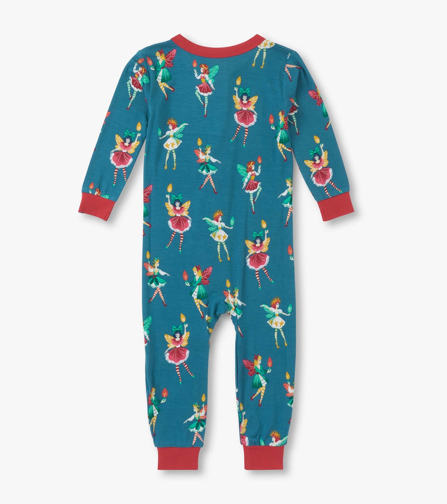 Teal bamboo sleeper featuring colorful fairy prints, long sleeves, and red trim. Suitable for baby girls, sizes 0-24 months.