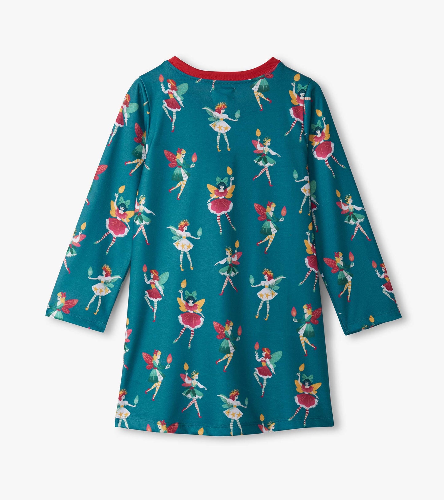 Teal long sleeve nightdress featuring colorful fairy prints and a red neckline, suitable for girls.