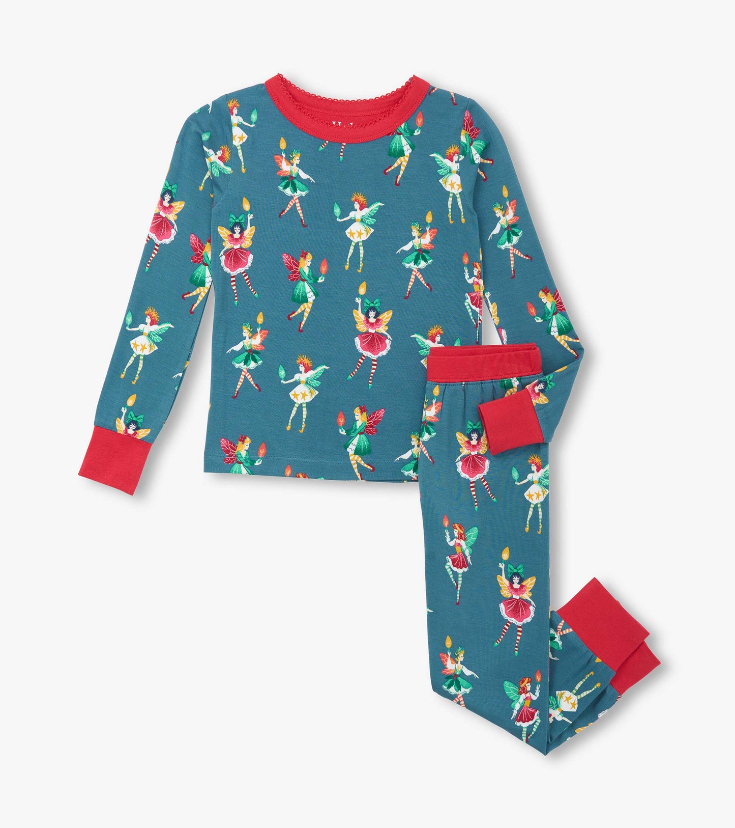 Bright teal pajama set featuring colorful fairies, long sleeves, and red cuffs, made from soft bamboo material.