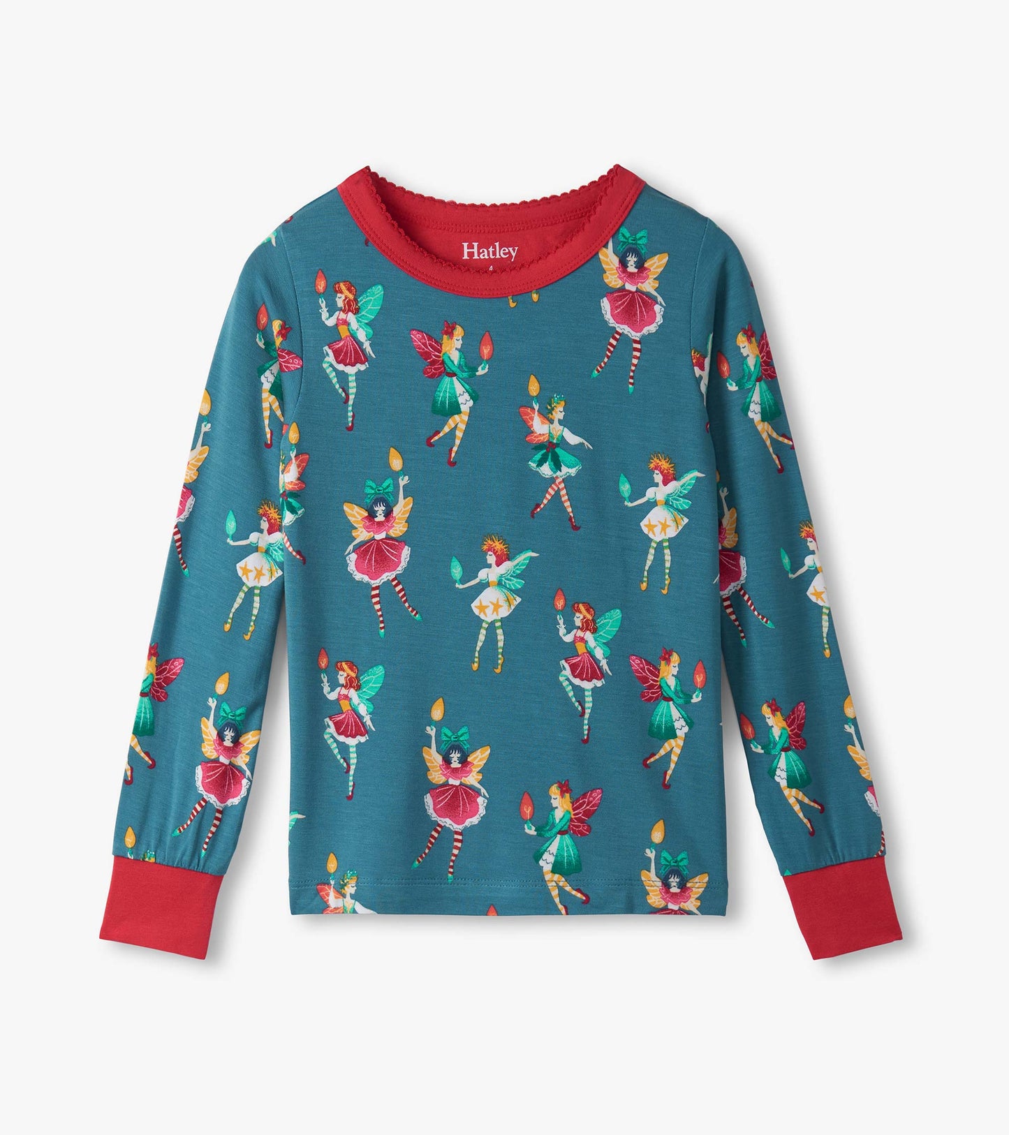Teal long-sleeve pajama top featuring colorful fairy illustrations and a red neckline. Soft bamboo fabric for comfort.